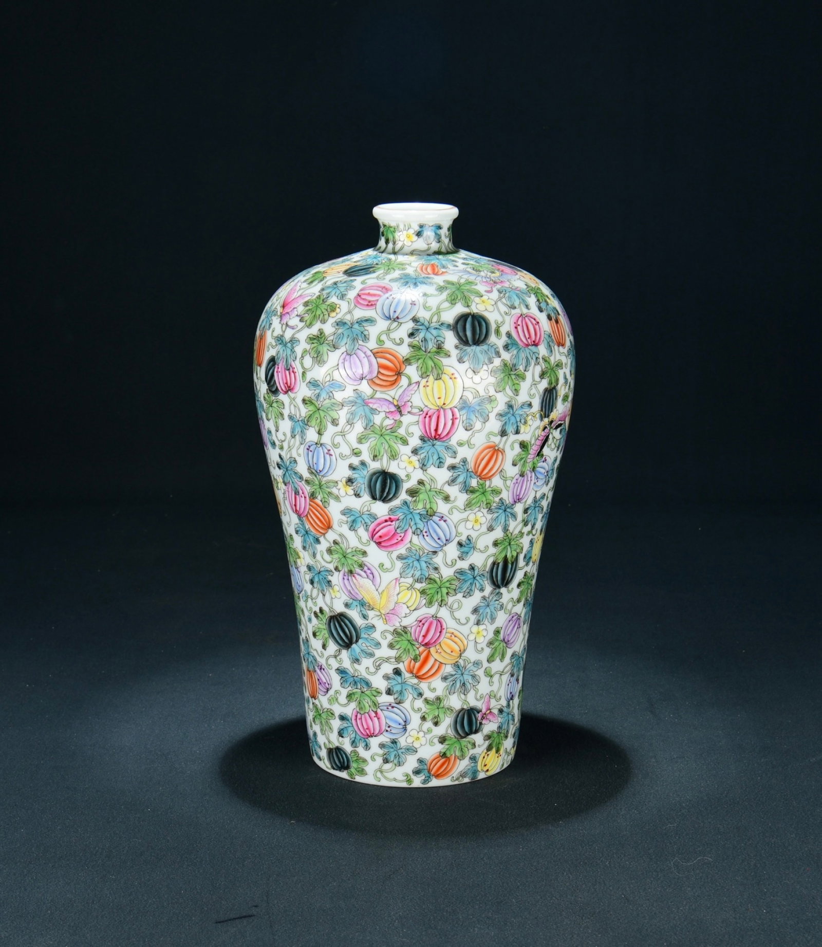 An Exquisite Famille Rose Plum Vase With Melon And Butterfly Patterns: An Exquisite Famille Rose Plum Vase With Melon And Butterfly Patterns,Qing Dynasty China,Six-Character Yongzheng