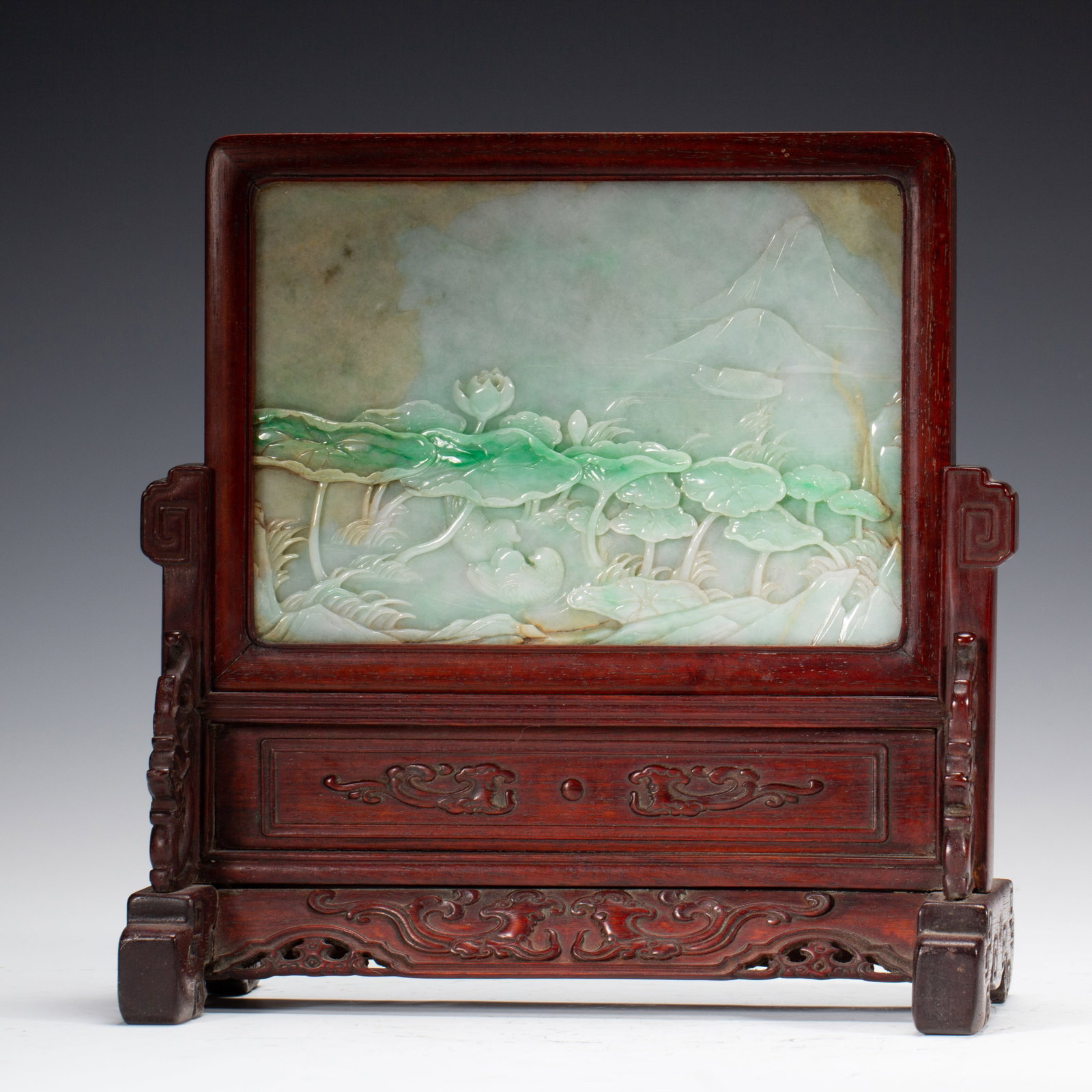 An Exquisite Jadeite Table Screen Carved With Mandarin Ducks In Lotus Pond (1 of 8)