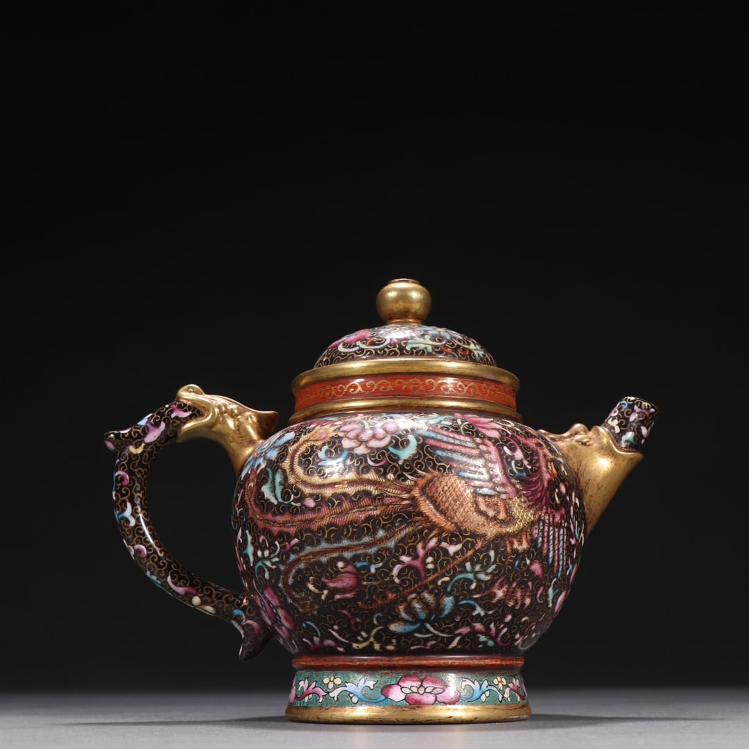 A Fine Chinese Zisha Clay Enameled Teapot with Dragon and Phoenix Auspicious Decoration (1 of 9)