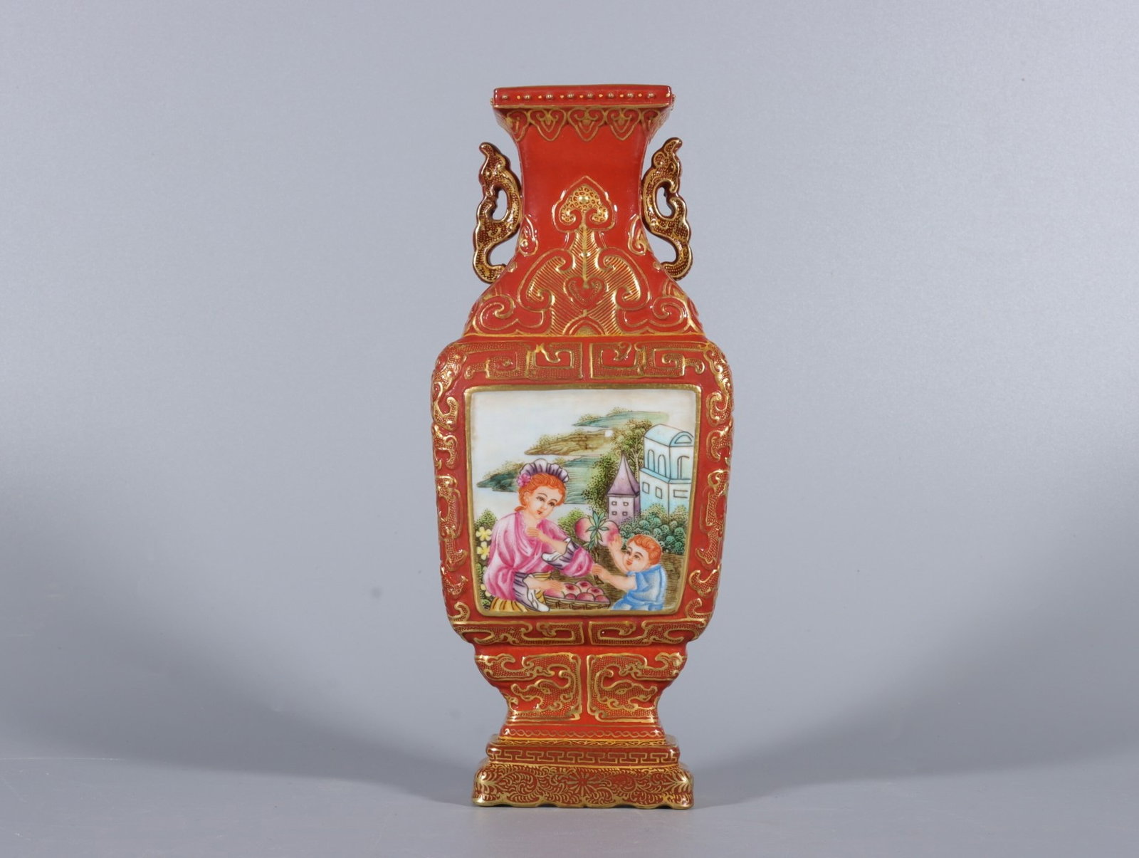 A Fine Enamel Color Carved Iron-Red Gilt Square Wall Vase with Western Figure Panels: A Fine Enamel Color Carved Iron-Red Gilt Square Wall Vase with Western Figure Panels,Qing Dynasty,China,Qianlong Six-character Mark,Size:7inx3in,珐琅彩雕刻矾红