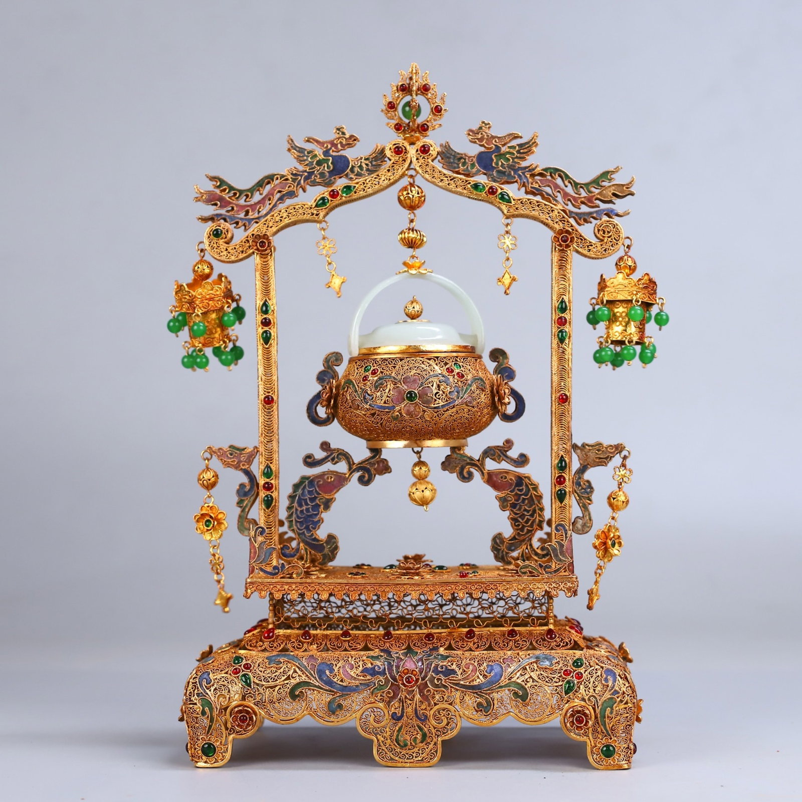 An Exquisite Gilt Bronze Filigree Enamel Hanging Censer Ornament Inlaid With Gemstones And White: An Exquisite Gilt Bronze Filigree Enamel Hanging Censer Ornament Inlaid With Gemstones And White Jade,China,Qing Dynasty,Four Character Qianlong Mark,Dimensions:11.8inx7.1in,Weight:670g,铜ແ