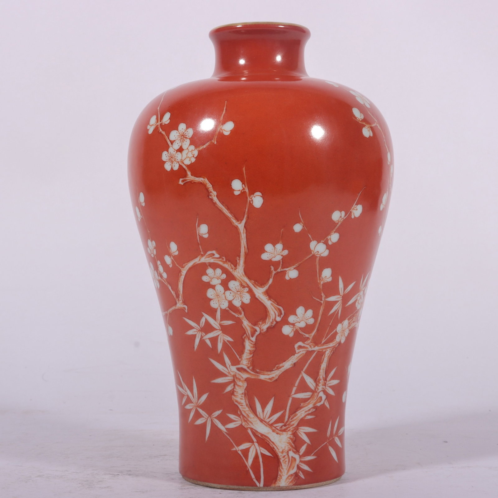 A Fine Famille Rose Coral Red Plum Blossom Garlic-Mouth Vase: A Fine Famille Rose Coral Red Plum Blossom Garlic-Mouth Vase,Qing Dynasty,China,Yongzheng Six-character