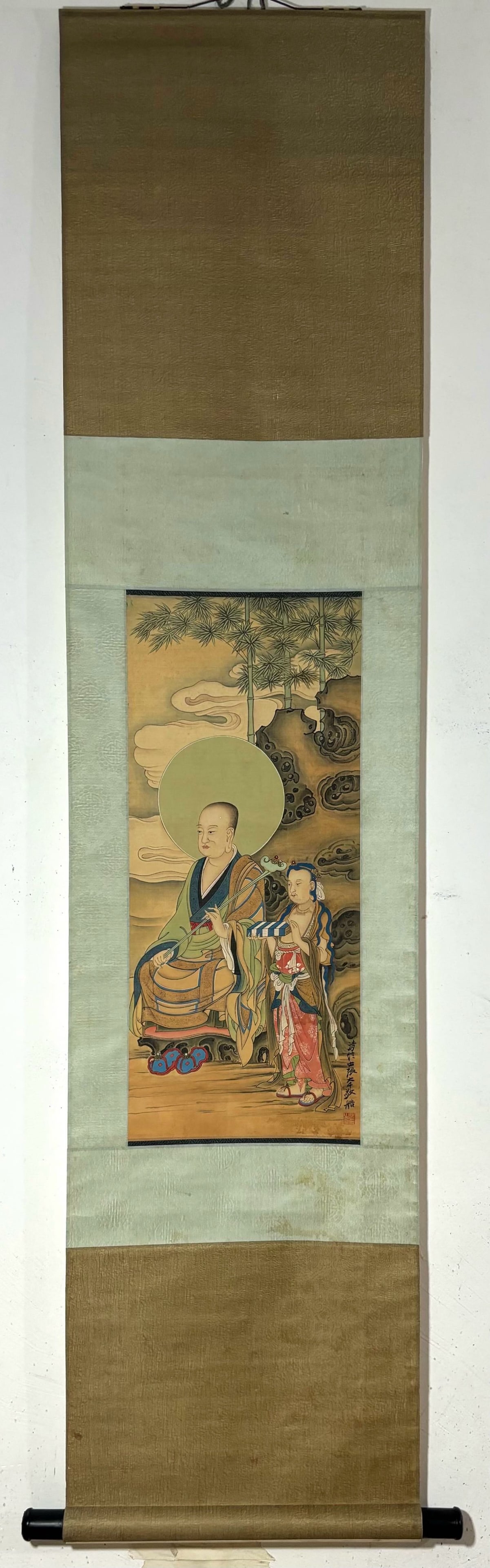 A ChineseInk?on?SilkHangingScroll,Luohan: A ChineseInk‑on‑SilkHangingScroll,Luohan,Zhang Daqian,Without frame Size:25.6inx11in,一副中国水墨罗汉图绢本立轴