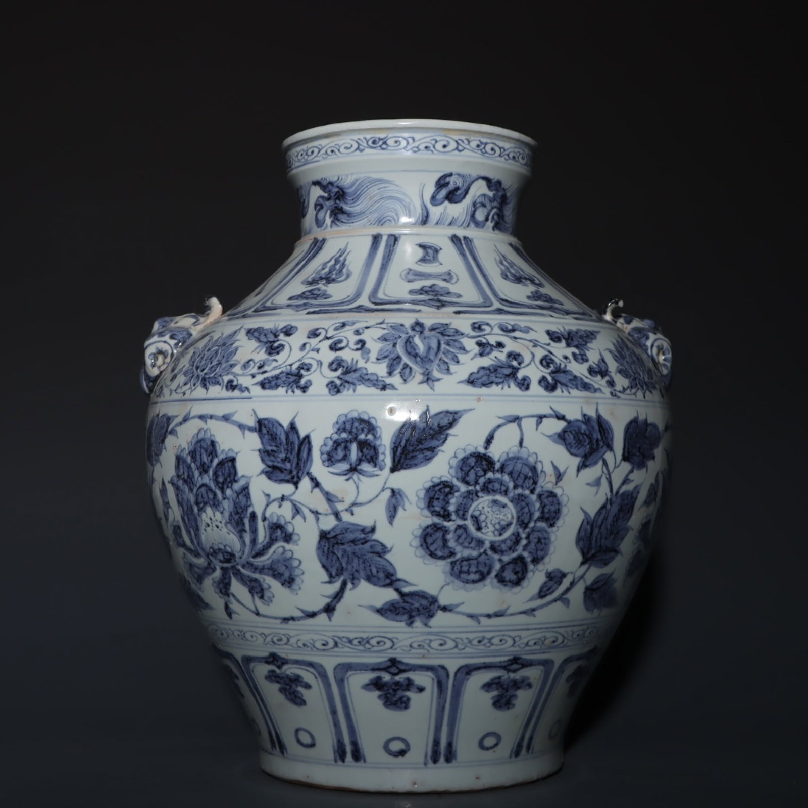 An Exquisite Yuan Dynasty Blue And White Jar With Beast Ears Painted With Interlocking Peony Scrolls: An Exquisite Yuan Dynasty Blue And White Jar With Beast Ears Painted With Interlocking Peony Scrolls,Yuan Dynasty,China,Size:15.4inx13.4in,元青花缠枝牡丹Ð