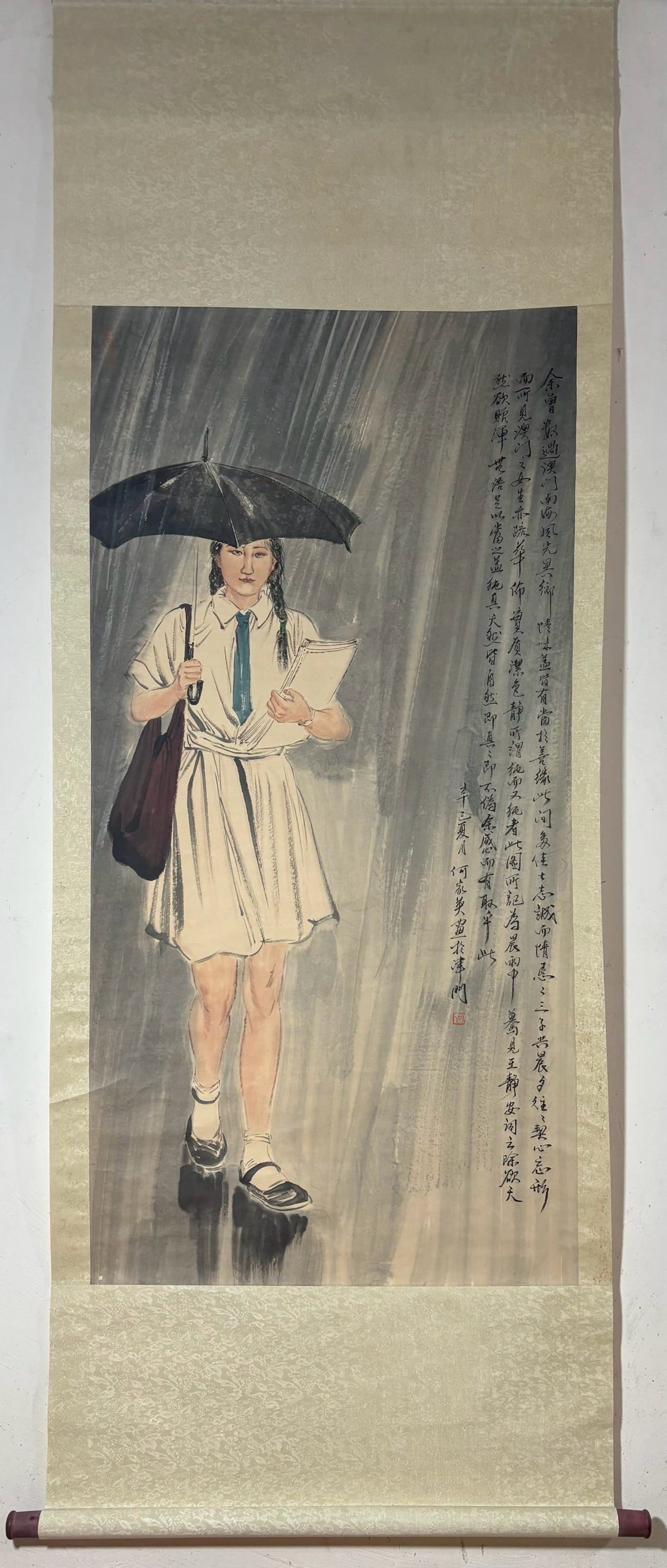 A ChineseInk?on?PaperHangingScroll,FigurePainting: A ChineseInk‑on‑PaperHangingScroll,FigurePainting,HeJiaying,Without frame Size:53.5inx26.6in,一副中国水墨人物图纸本立