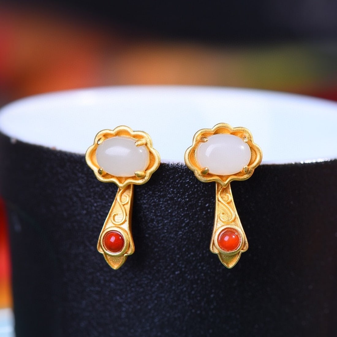 A Pair of Exquisite Sterling Silver-Gold Plated Inlaid White Jade Earrings: An Exquisite Crystal Inlaid Bronze Mahāvairocana Tangka Necklace,Size:56mmx46mmx7mm,31mmx13mm