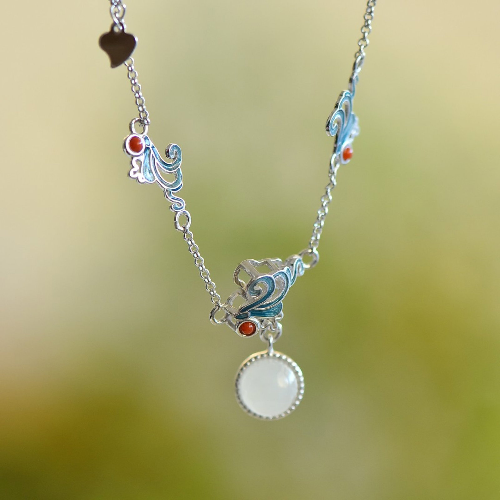 An Exquisite Sterling Silver Inlaid White Jade Enamel Pendant: An Exquisite Sterling Silver Inlaid White Jade Enamel Pendant 纯银镶白玉珐琅吊坠