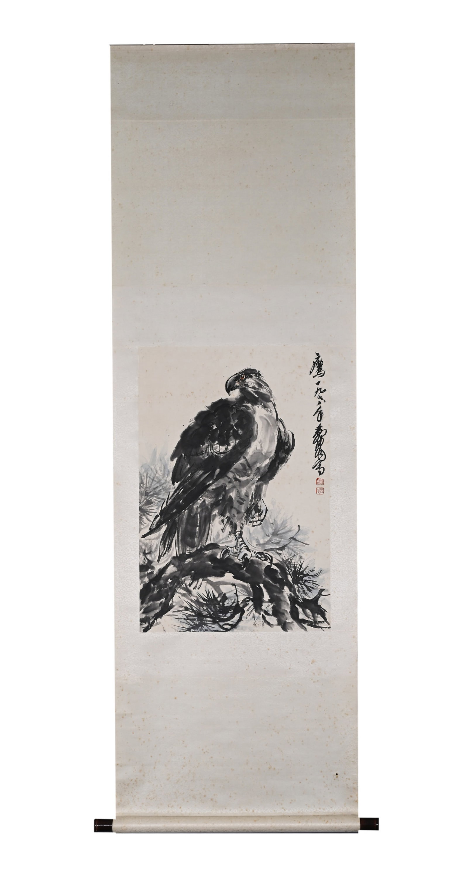 A Chinese Vertical Scroll Ink Painting of Pine and Eagle on Paper: A Chinese Vertical Scroll Ink Painting of Pine and Eagle on Paper,Huang Zhou,Size:27.6inx18.1in 一幅中国水墨松鹰画立轴,黄胄
