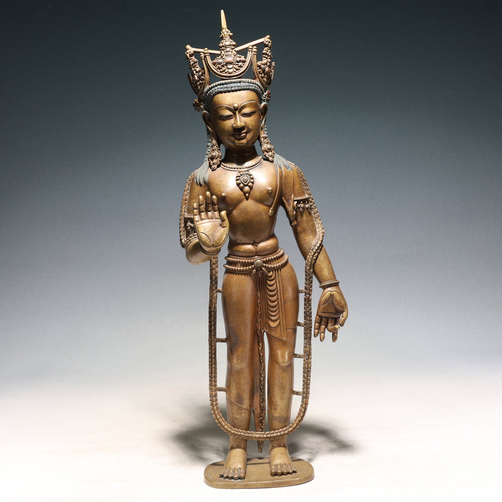 A Solemn Bronze Inlaid Silver Statue of Bodhisattva: A Solemn Bronze Inlaid Silver Statue of Bodhisattva,Qing Dynasty, China,Size:9.1inx3.5inx23.6in,Weight:6600g 铜嵌银菩萨像,中国清代