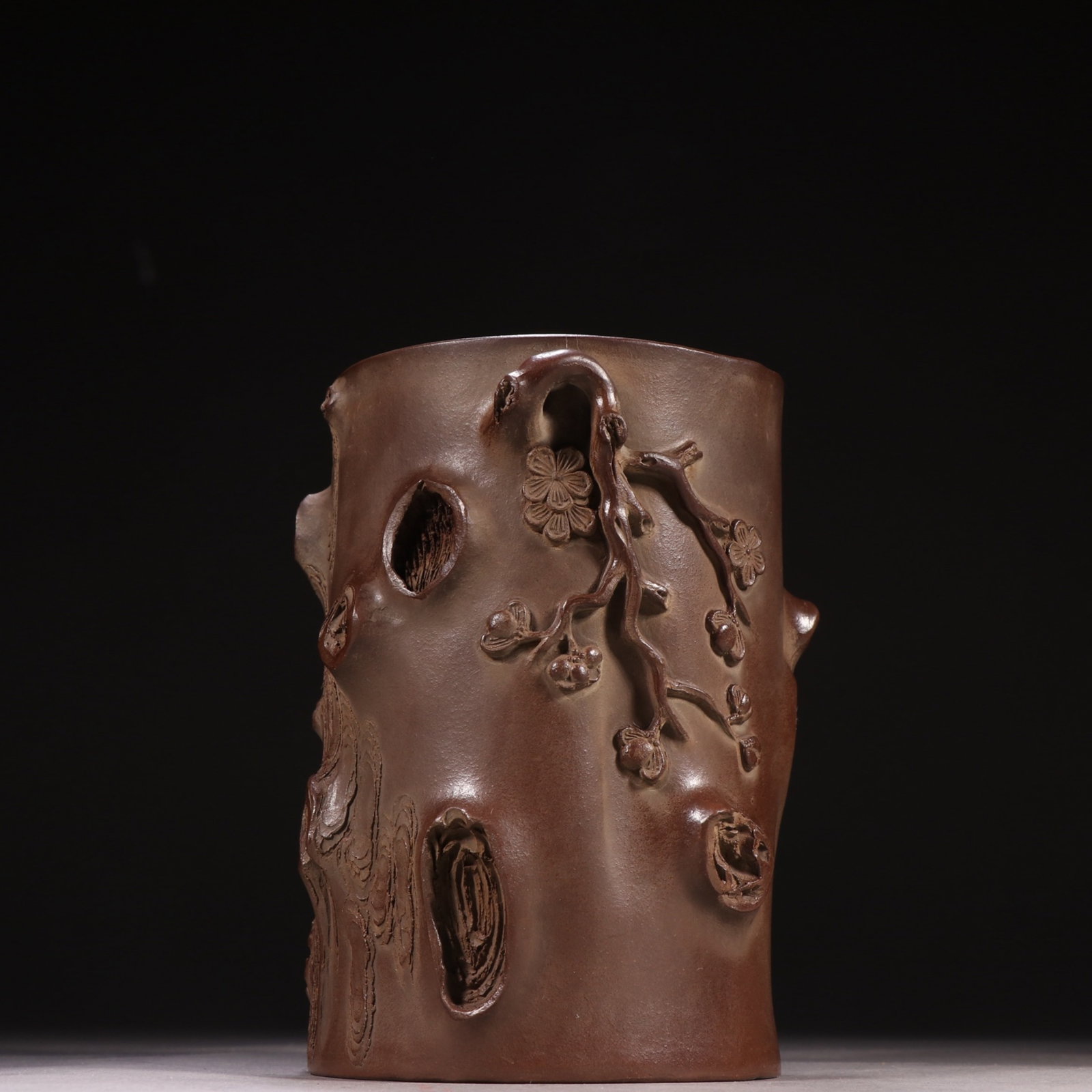A Rare Purple Sands Pine,Bamboo and Plum Blossom Pattern Brush Pot,with poem: A Rare Purple Sands Pine,Bamboo and Plum Blossom Pattern Brush Pot,with poem,Qing Dynasty,China,Chen Mingyuan Mark,Size:6.1inx4.3in ????????,???,????,????