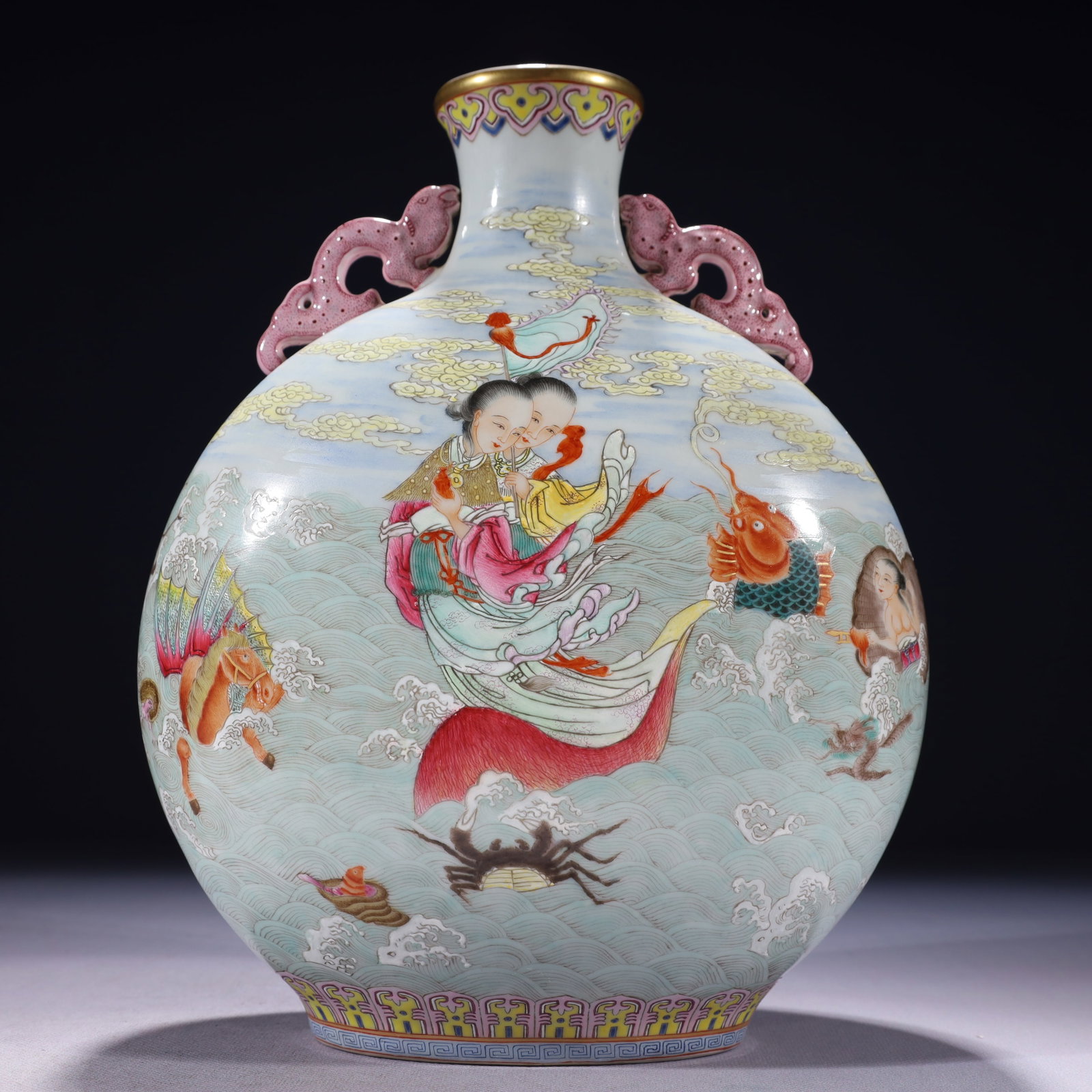An Exquisite Famille-Rose Painted Gold Character and Story Pattern Double-Ears Vase,with poem: An Exquisite Famille-Rose Painted Gold Character and Story Pattern Double-Ears Vase,with poem,Qing Dynasty,China,Qianlong Six-character Mark,Size:8.7inx4.3inx11in,Weight:2400g 粉彩描
