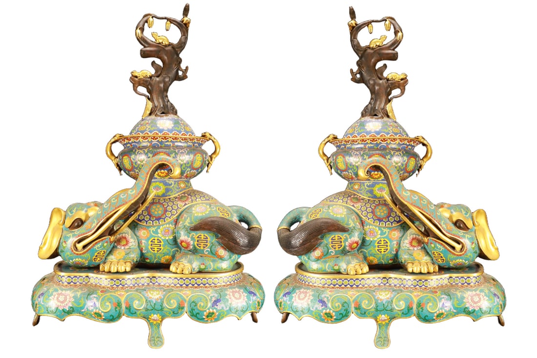 A Pair Huge Cloisonne Lotus Pattern Elephant-Shaped Censer: A Pair Huge Cloisonne Lotus Pattern Elephant-Shaped Censer,(A type of enamelware with metal wires separating colored glaze, originating in China),Qing