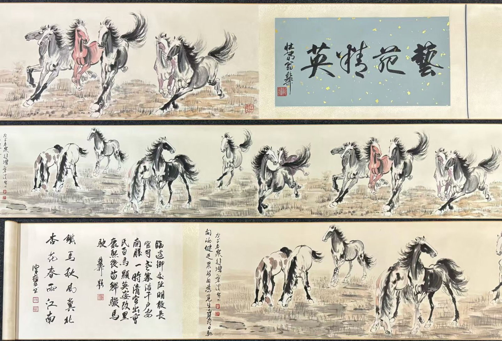A Chinese Hand Scroll Ink Painting of Horse on Paper,Xu Beihong: A Chinese Hand Scroll Ink Painting of Horse on Paper,Xu Beihong,Size:(Without frame)95.3inx16.9in,(Entirety)170.1inx16.9in 一幅中国水墨骏马图û
