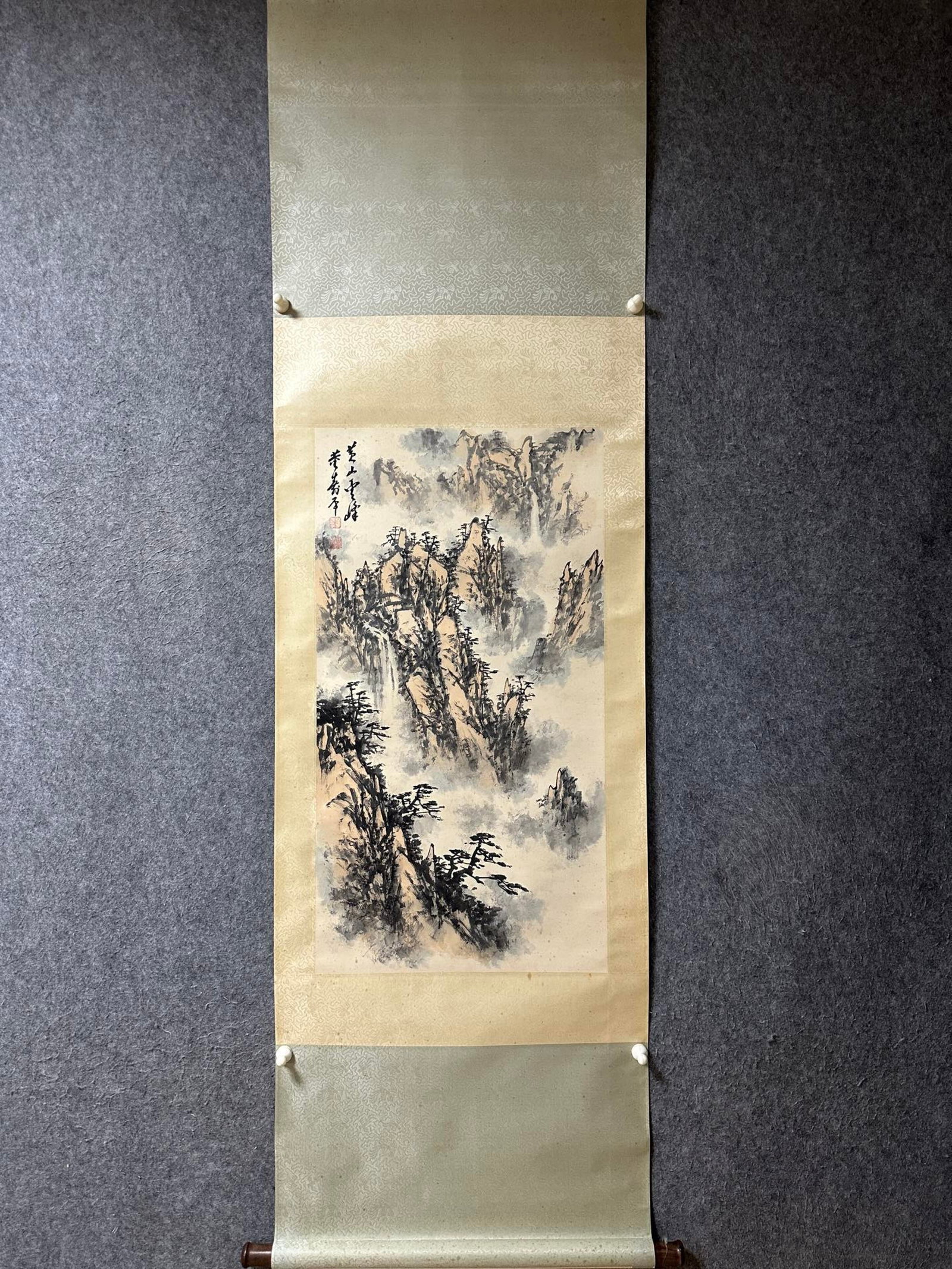 A Chinese Vertical Scroll Ink Painting of Landscape on Paper: A Chinese Vertical Scroll Ink Painting of Landscape on Paper,Dong Shouping,Size:35inx18.5in 一幅中国水墨山水画立轴,董寿