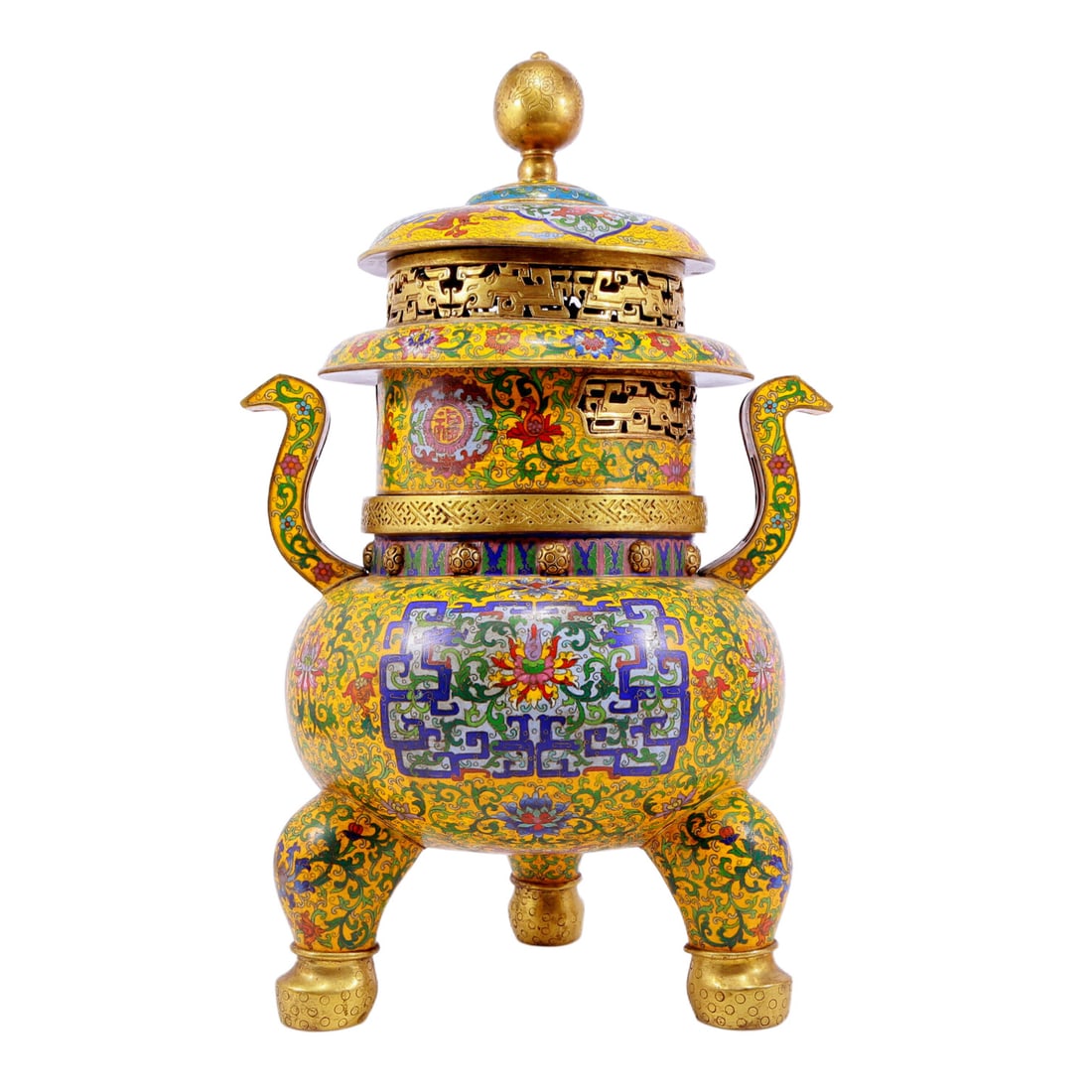 A Magnificent Cloisonne 'Scrolling Lotus' Tripod Censer: A Magnificent Cloisonne 'Scrolling Lotus' Tripod Censer. Raised on three cabriole legs, body cast with flaring handles and enameled with polychrome patterns, all reserved on a bright yellow ground, to