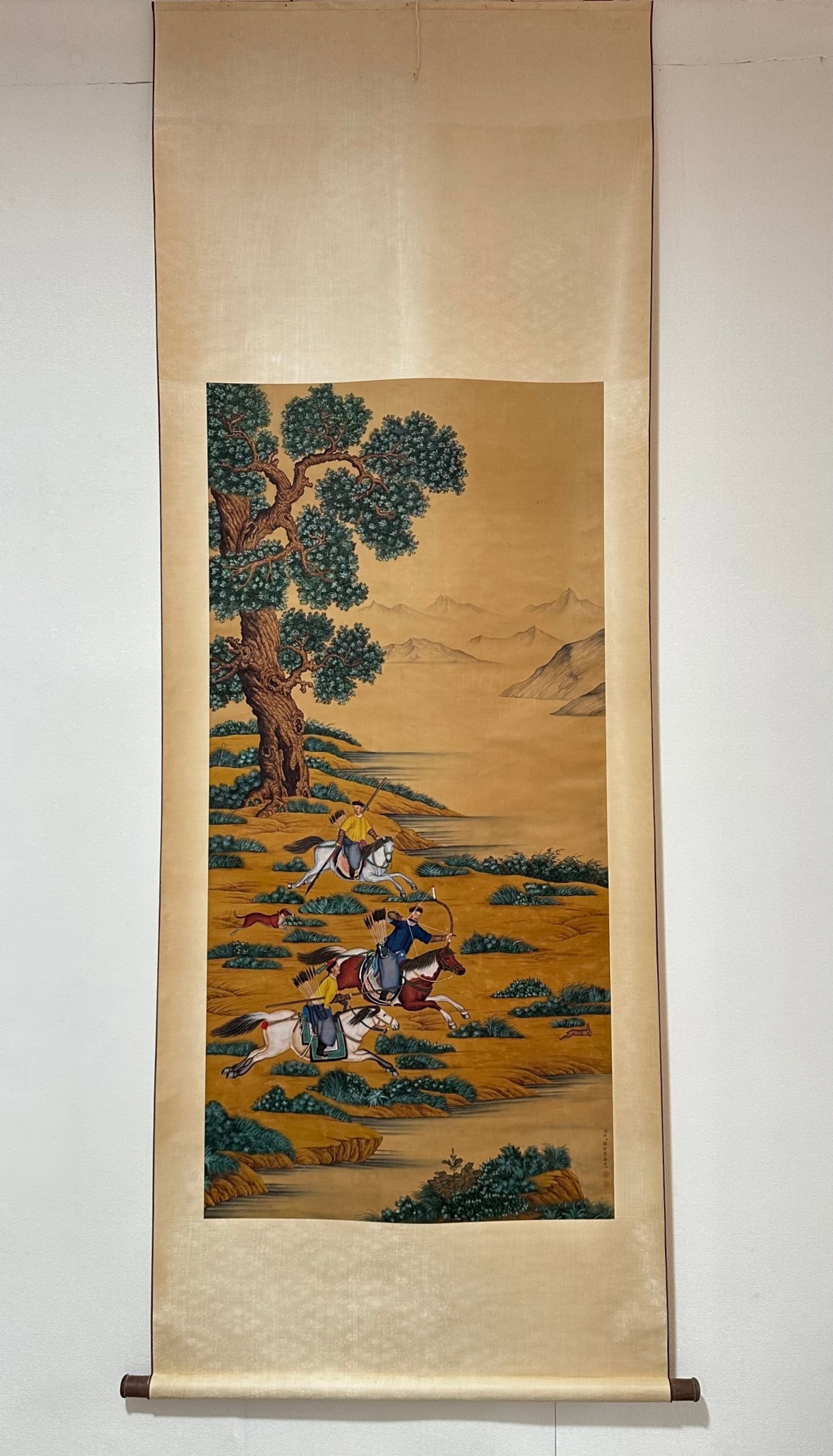 A Chinese Vertical Scroll Ink Painting of Character and Story on Silk: A Chinese Vertical Scroll Ink Painting of Character and Story on Silk,Lang Shining,Size:(entirety)87.4inx32.7in,(Without frame)50.4inx26.4in 一幅中国水墨绢