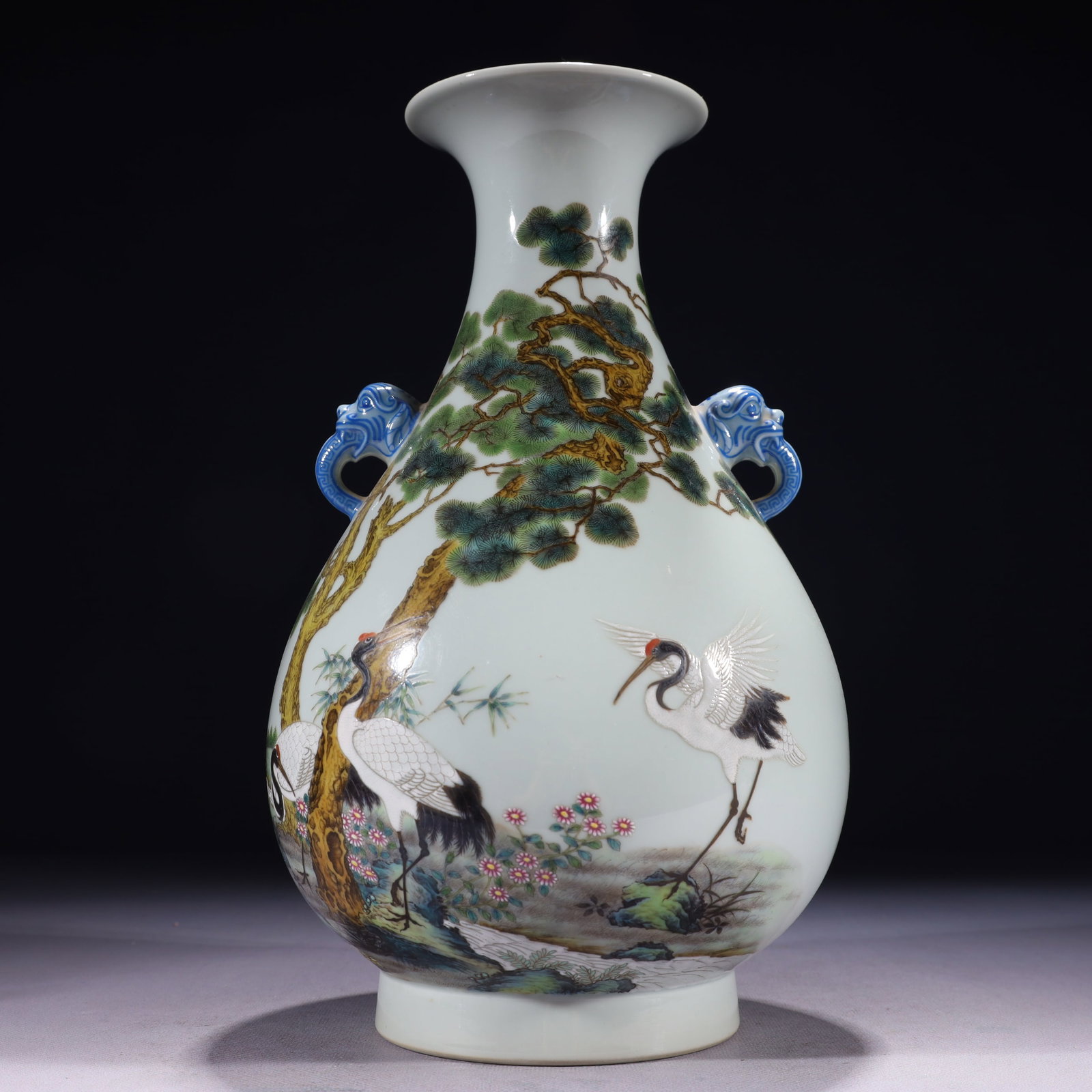 An Exquisite Enamel Pine and Crane Pattern Double-Ears Vase,with poem: An Exquisite Enamel Pine and Crane Pattern Double-Ears Vase,with poem,Qing Dynasty,China,Qianlong Six-character Mark,Size:6.7inx11.8in,Weight:1950g ?????????,???,????,?????