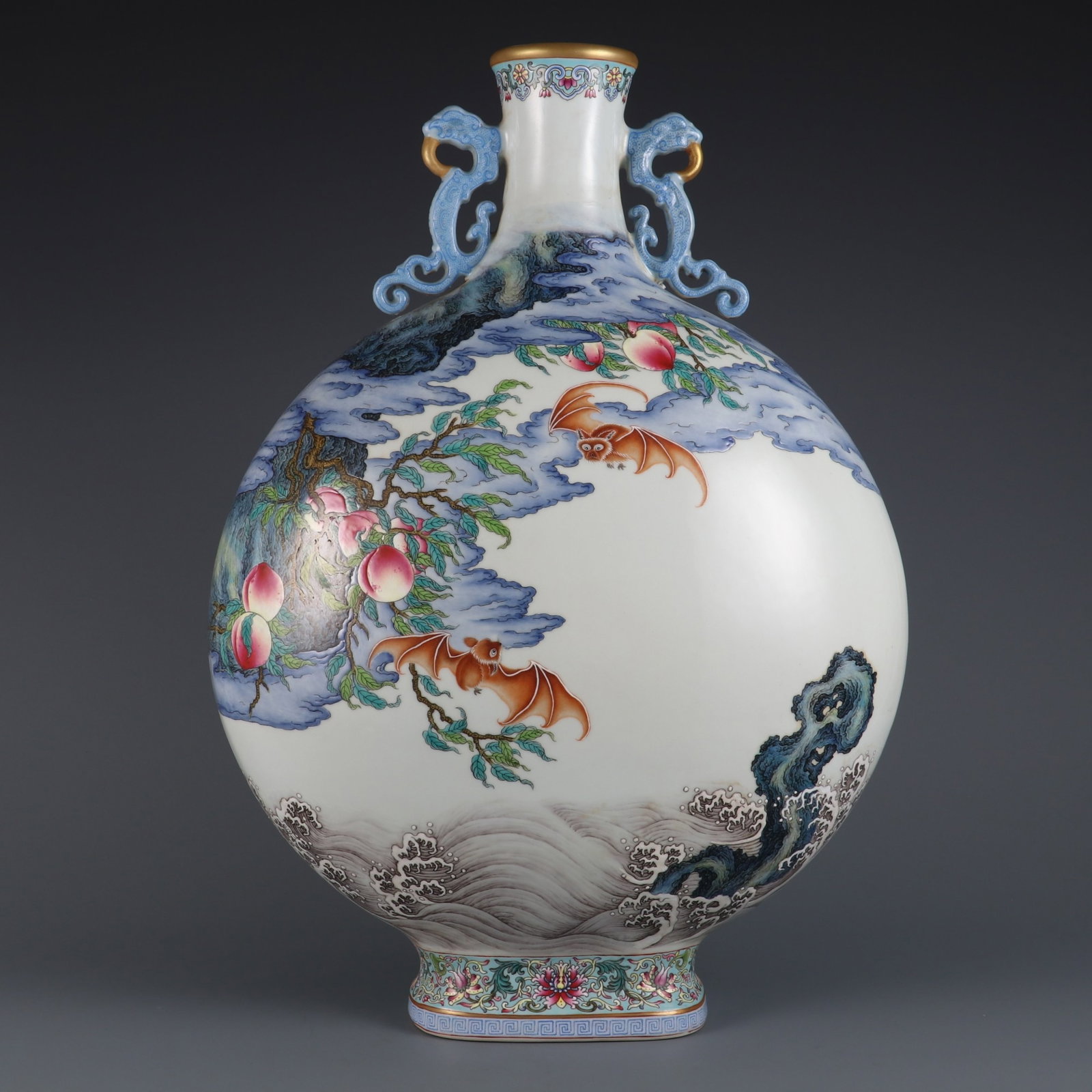 A Huge Enamel Painted Gold Bats and Peach Pattern Double-Ears Vase,with poem: A Huge Enamel Painted Gold Bats and Peach Pattern Double-Ears Vase,with poem,Qing Dynasty,China,Qianlong Six-character Mark,Size:19.6inx14.2in 珐琅彩描金福寿&