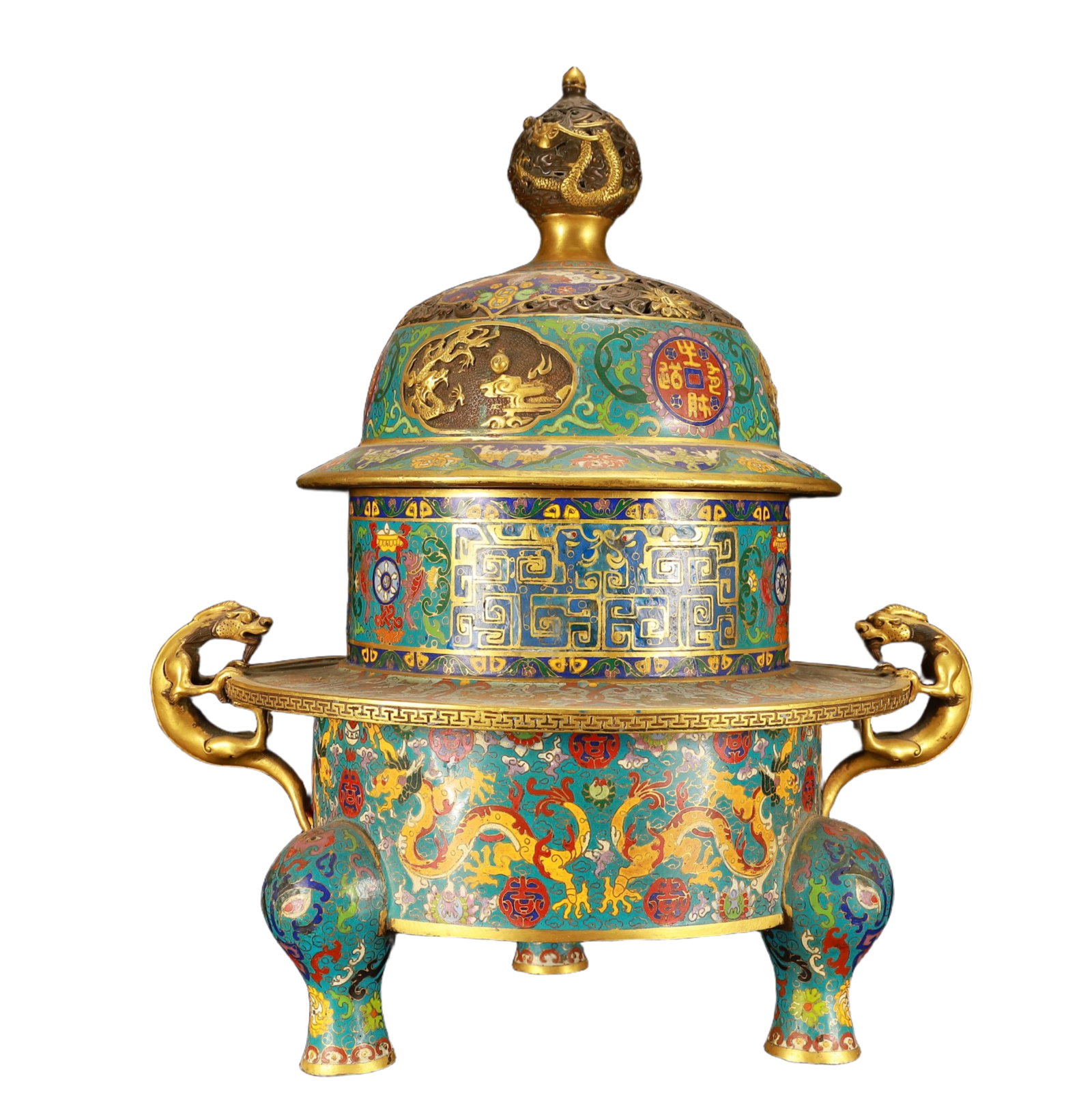A Huge Cloisonne Lotus Dragon Pattern Double-Ears and Tripod Censer: A Huge Cloisonne Lotus Dragon Pattern Double-Ears and Tripod Censer,(A type of enamelware with metal wires separating colored glaze, originating in China),Qing Dynasty,China,Qianlong Four-character Ma