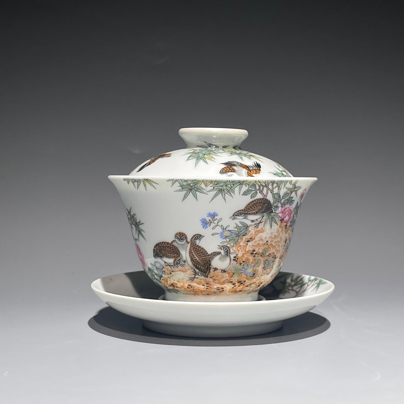 An Exquisite Enamel Flower and Bird Pattern Bowl with Cover,with Plate,with poem: An Exquisite Enamel Flower and Bird Pattern Bowl with Cover,with Plate,with poem,Qing Dynasty,China,Yongzheng Six-character Mark,Size:(Cup)2.3inx3.7in,(Plate)0.8inx4.3in ????????,???,???,????,?????