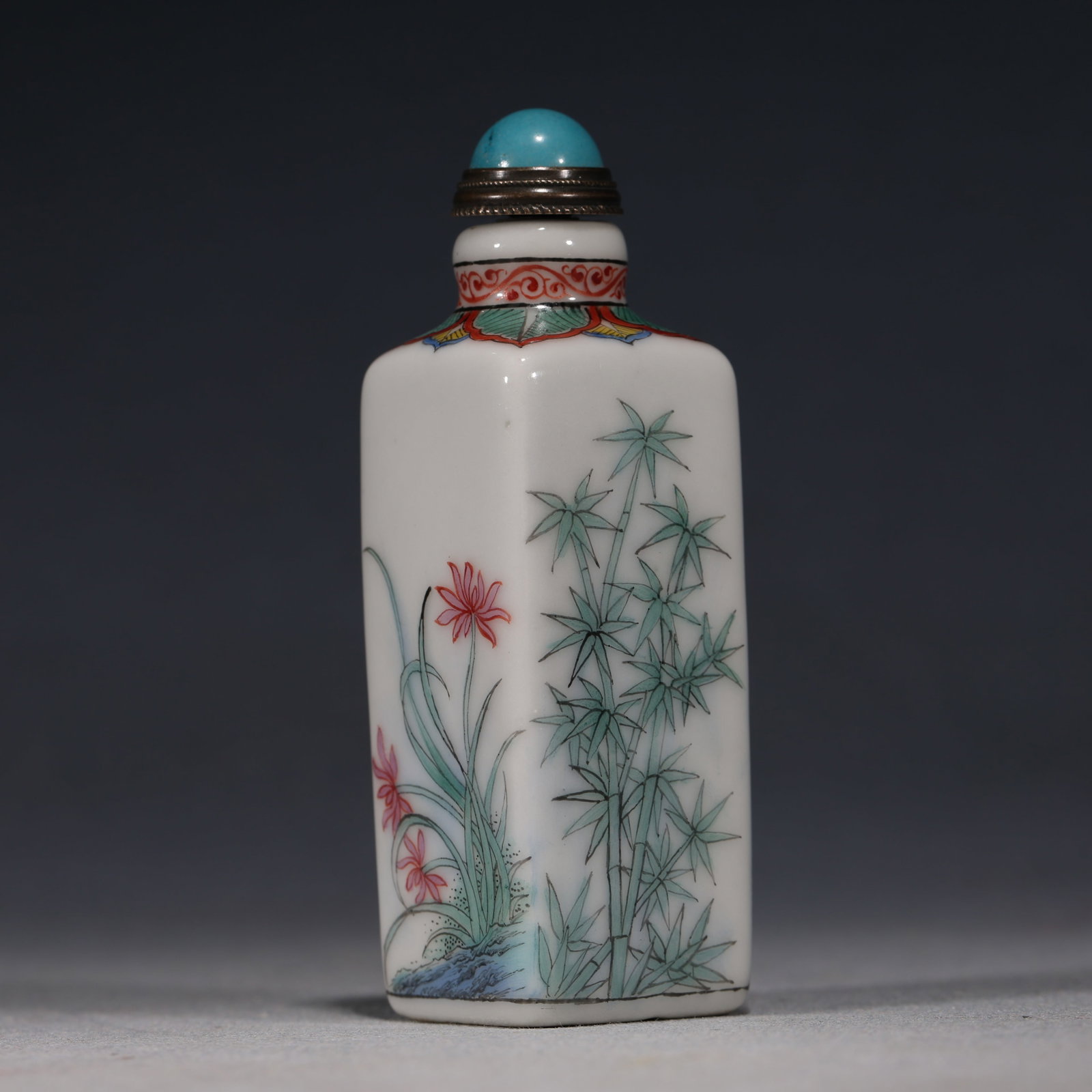 An Exquisite Famille-Rose Lake Stone Plum Chrysanthemum Pattern Snuff Bottle (1 of 6)