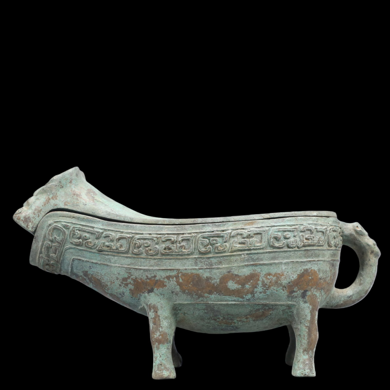 A Precious Bronze Beast-Shaped Ewer with Cover ,With Inscription: A Precious Bronze Beast-Shaped Ewer with Cover ,With Inscription,Ancient Time, China,Size:15inx7.1inx8.3in ;Weight:4700g 青铜兽形执壶带盖，带