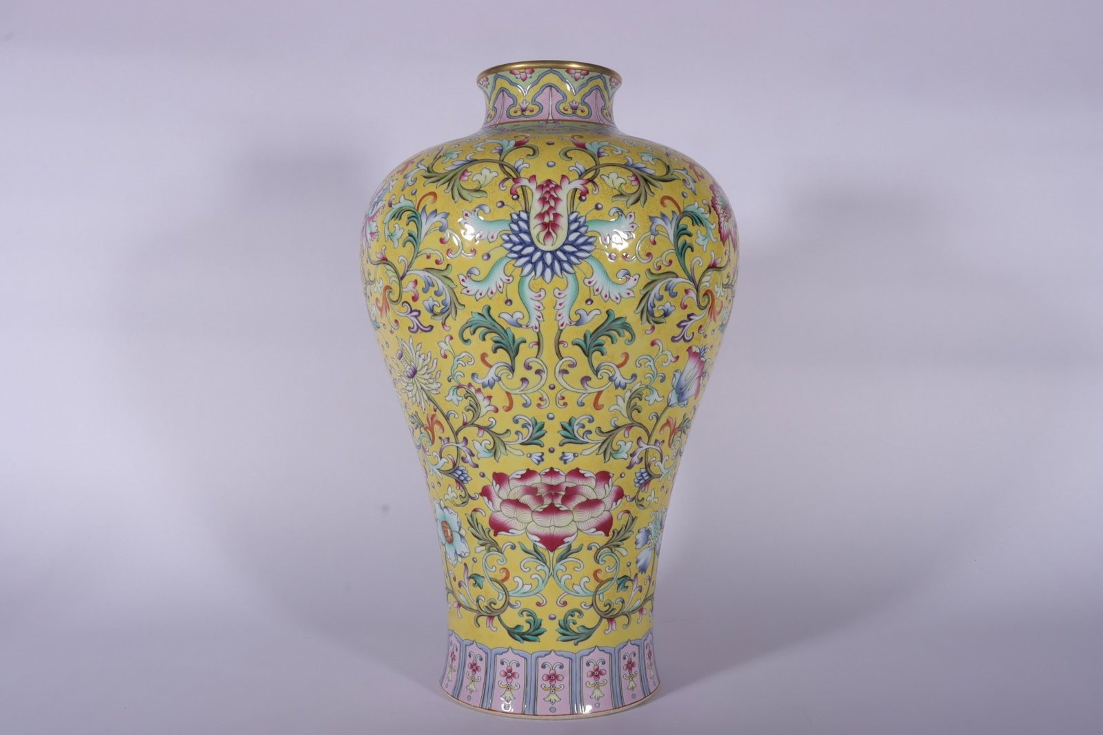 A Rare Yellow Ground Famille-Rose Painted Gold Lotus Pattern Vase: A Rare Yellow Ground Famille-Rose Painted Gold Lotus Pattern Vase,Qing Dynasty,China,Jiaqing Six-character Mark,Size:15inx5.7in 黄地粉彩描金缠枝莲
