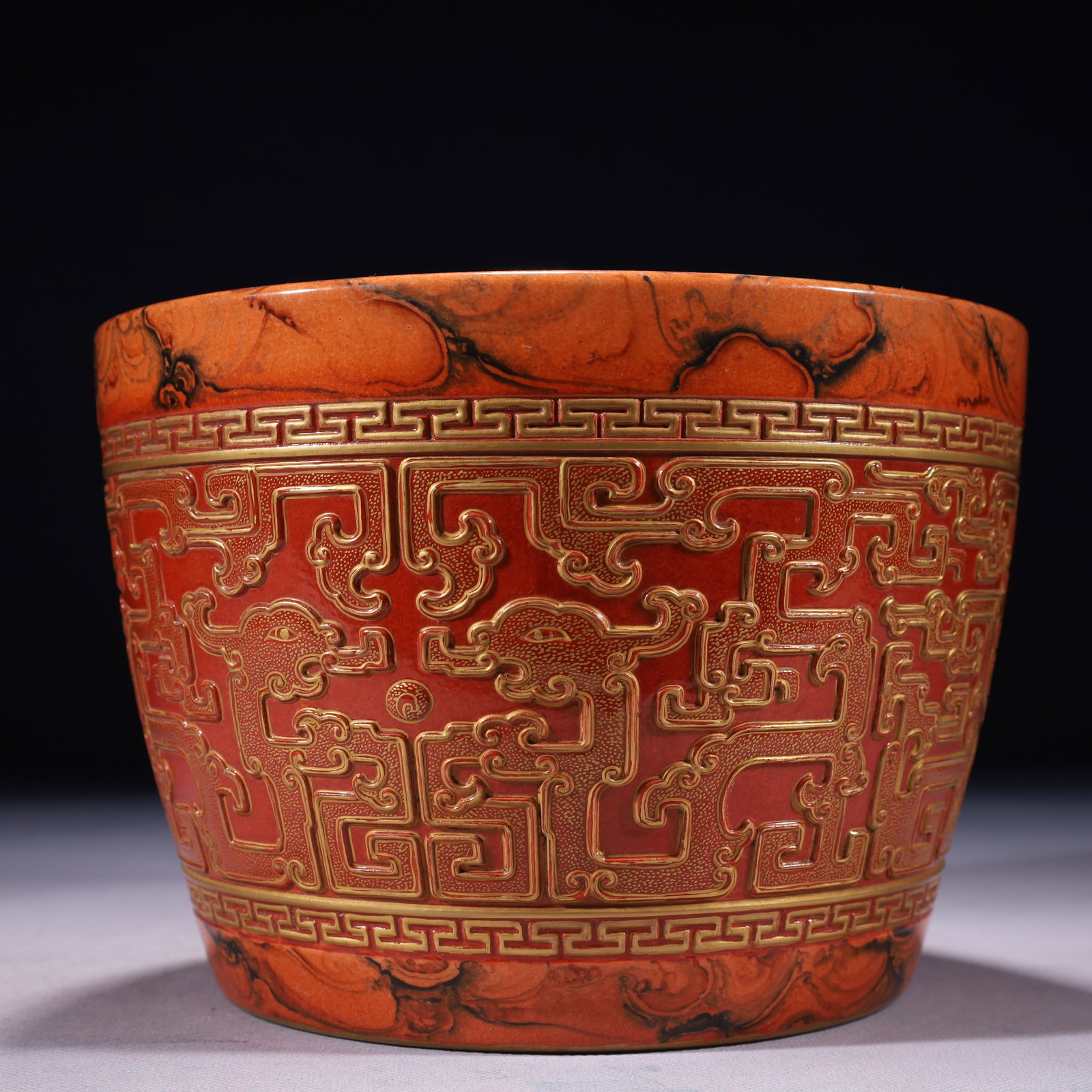 An Exquisite Marble Glazed Painted Gold Chi-Dragon Pattern Brush Pot: An Exquisite Marble Glazed Painted Gold Chi-Dragon Pattern Brush Pot 石纹釉描金螭龙纹笔筒,中国清代,乾隆&
