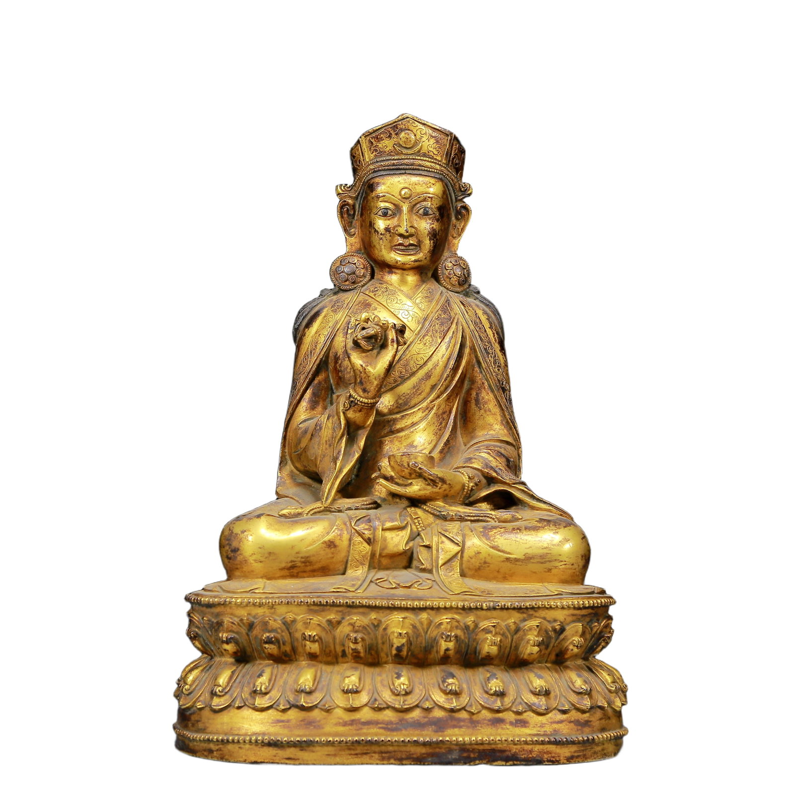 A Solemn Gilt Bronze Statue of Padma Sambhava: A Solemn Gilt Bronze Statue of Padma Sambhava,Ming Dynasty, China,Size:8.7inx6.7inx13in,Weight:6180g ????????????