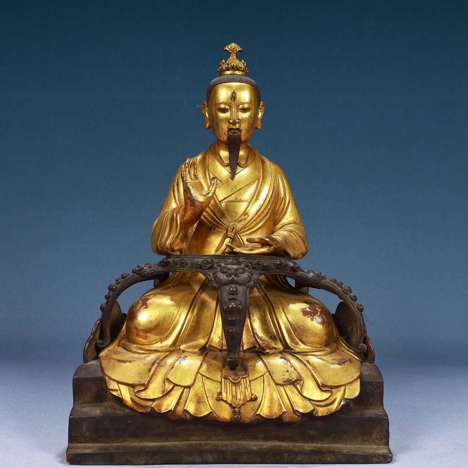 A Solemn Gilt Bronze Buddha Statue: A Solemn Gilt Bronze Buddha Statue,Qing Dynasty, China,Size:9.1inx5.9inx13in,Weight:7300g 铜鎏金佛像,中国清代