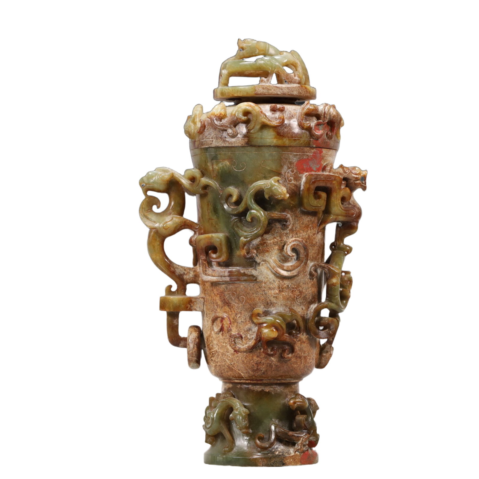 A Rare Greenish Jade Chi-Dragon Pattern Goblet: A Rare Greenish Jade Chi-Dragon Pattern Goblet, Han Dynasty, China, Size: 青白玉螭龙纹杯带盖，汉代