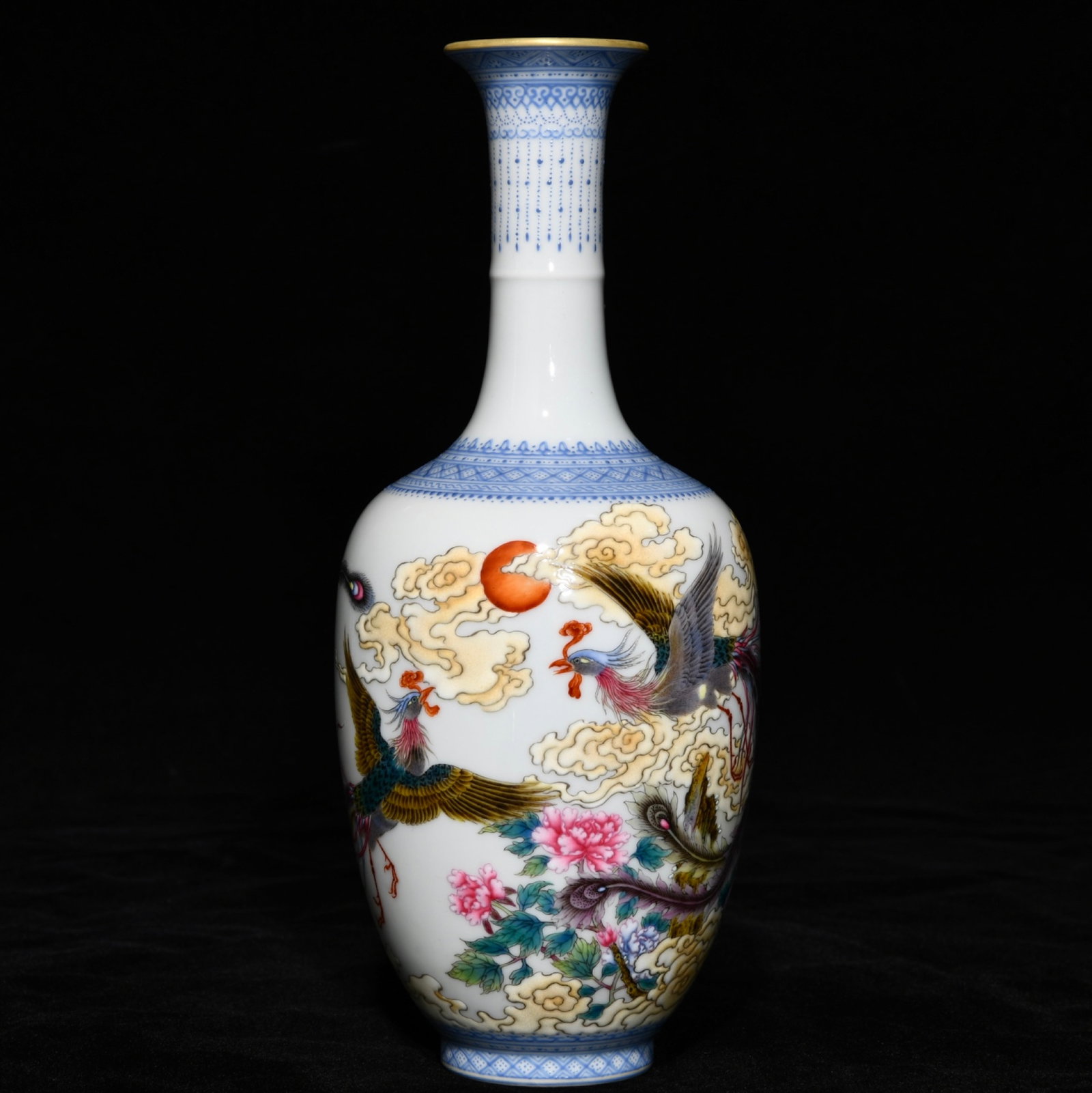 An Exquisite Famille-Rose Painted Gold Flower and Phoenix Pattern Vase,with poem: An Exquisite Famille-Rose Painted Gold Flower and Phoenix Pattern Vase,with poem,Qing Dynasty,China,Qianlong Six-character Mark,Size:8.5inx3.5in 粉彩描金花卉凤