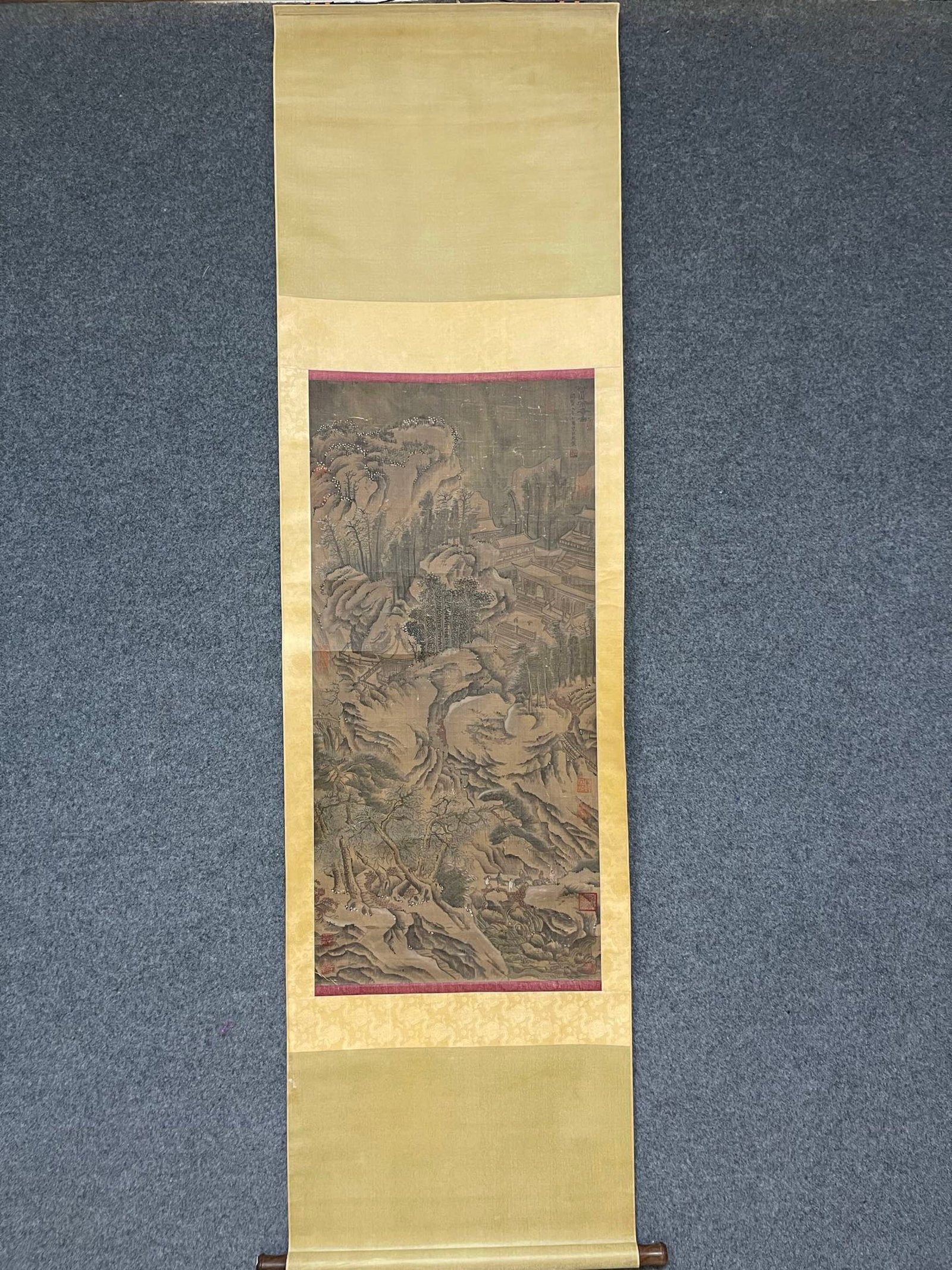 A Chinese Vertical Scroll Ink Painting of Landscape on Silk: A Chinese Vertical Scroll Ink Painting of Landscape on Silk,Ju Ran,Size:19.3inx40.6in