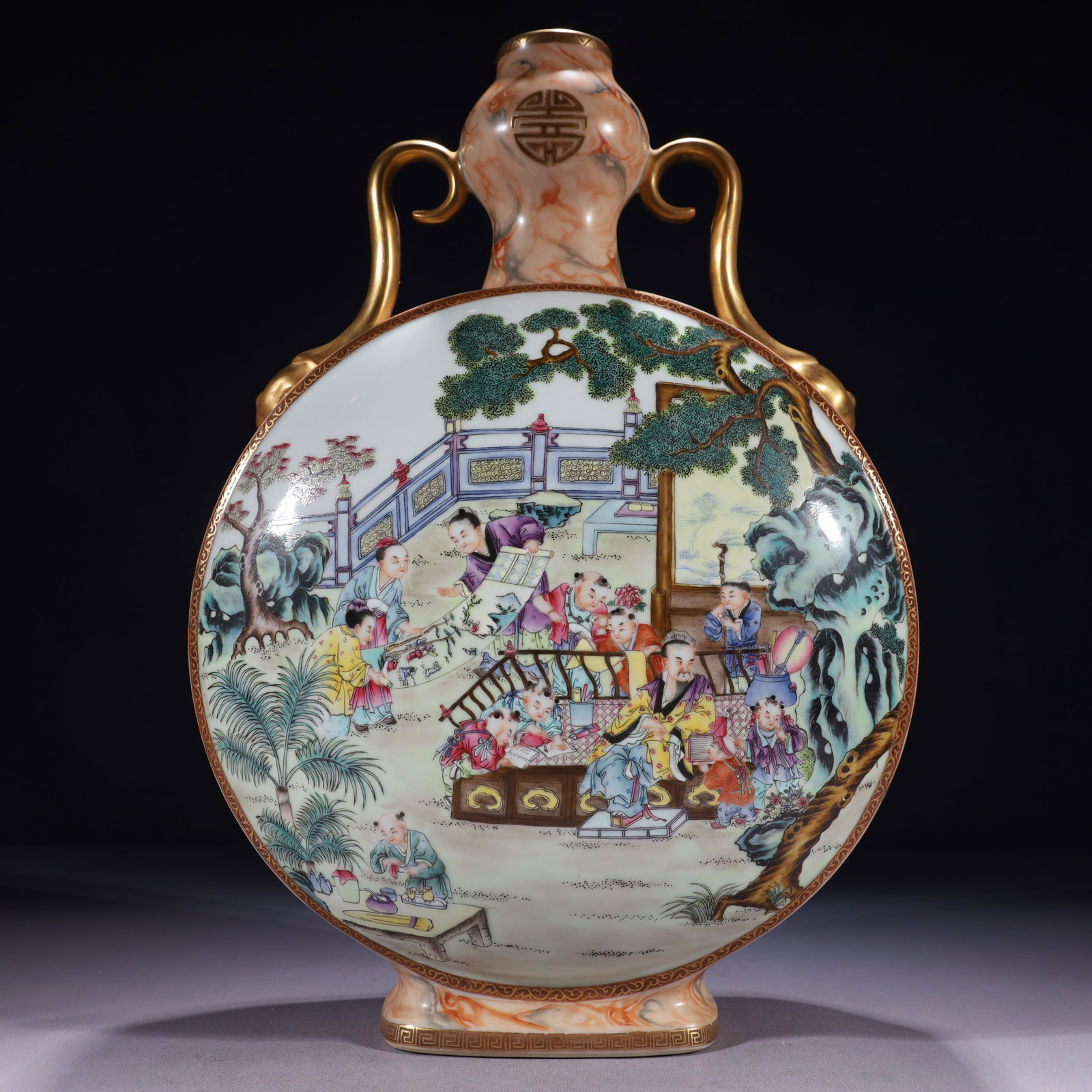 An Exquisite Marble Glazed Famille-Rose Painted Gold Character and Story Pattern Double-Ears Vase: An Exquisite Marble Glazed Famille-Rose Painted Gold Character and Story Pattern Double-Ears Vase,Qing Dynasty,China,Qianlong Six-character Mark,Size:11inx4.7inx16.5in,Weight:5150g