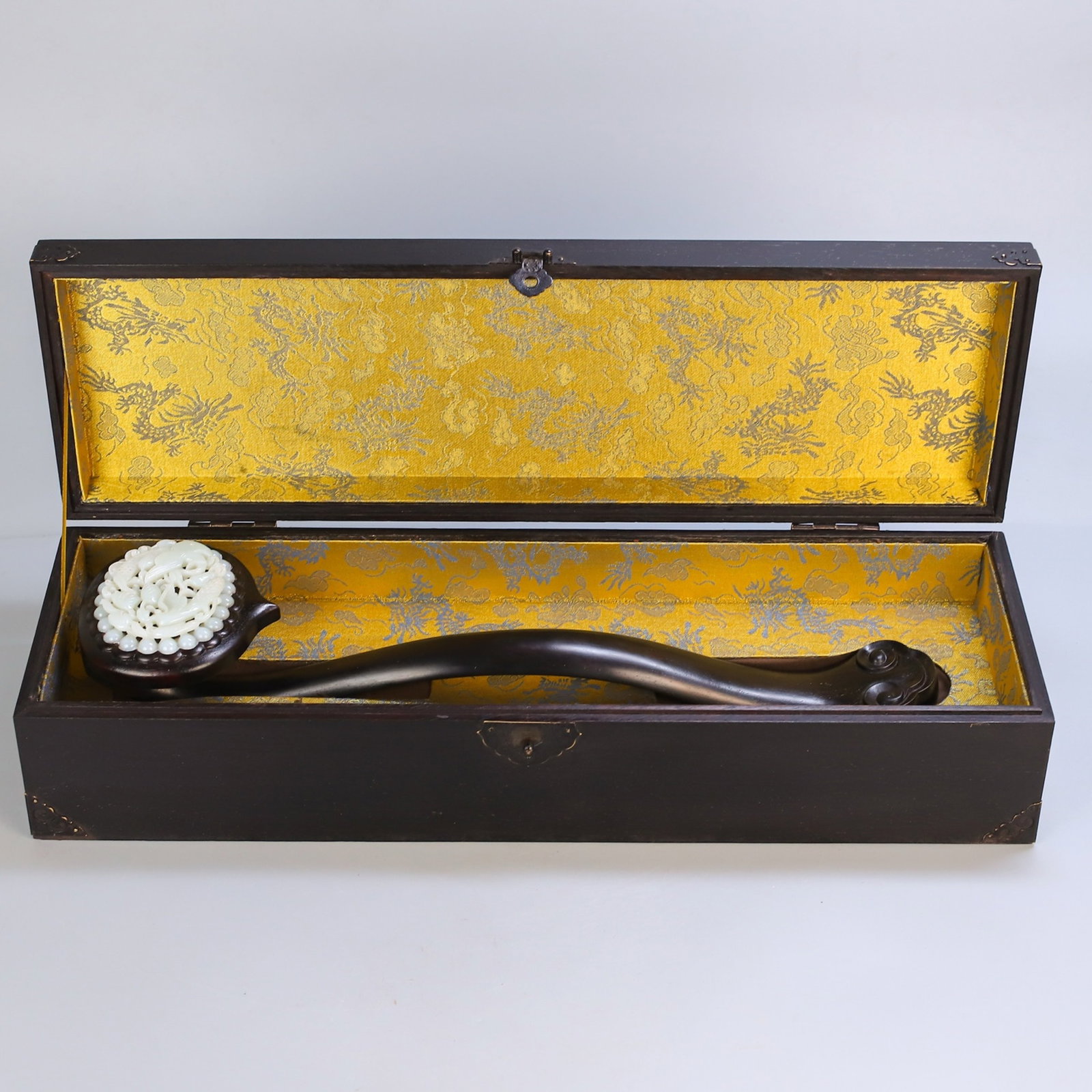 A Huge Zitanwood Inlaid White Jade Hollow Crane Pattern Ruyi: A Huge Zitanwood Inlaid White Jade Hollow Crane Pattern Ruyi,Qing Dynasty,China,Size:(Box)5.1inx21.3in,(Ruyi)18.5inx4.7in,Total Weight:2600g 紫檀木镶白玉镂