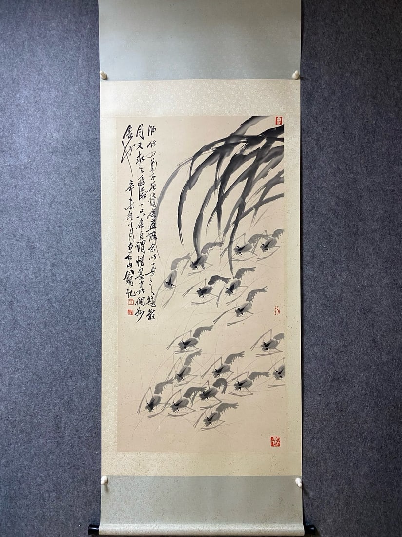 An Exquisite Chinese Vertical Scroll Ink Painting of Shrimp on Paper: An Exquisite Chinese Vertical Scroll Ink Painting of Shrimp on Paper,Qi Baishi,Size:53.9inx26.8in