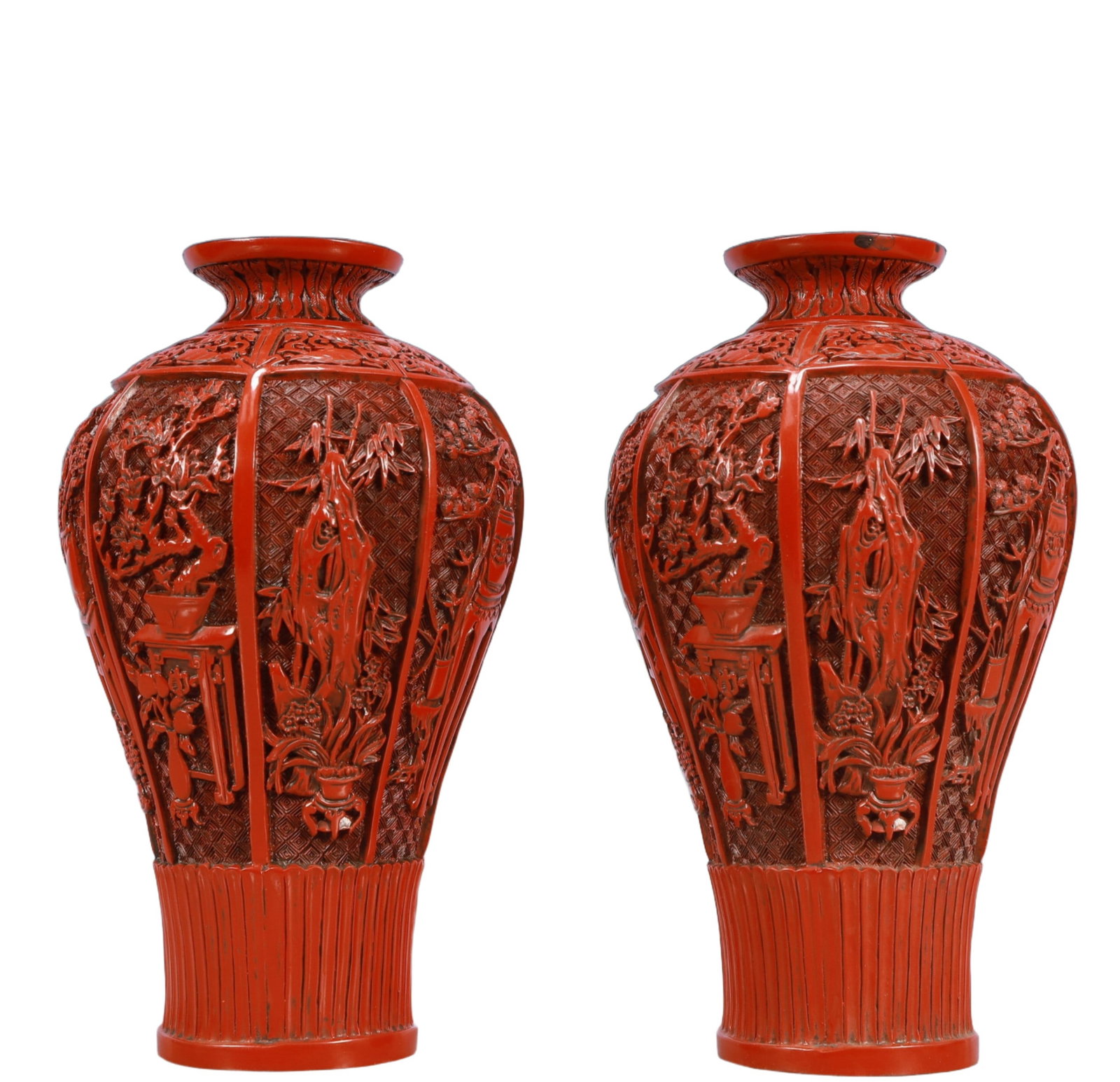 A Pair of Exquisite Carved Red Lacquer Flower Pattern Vases (1 of 13)