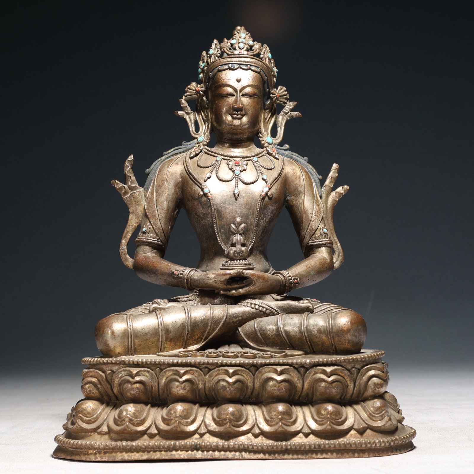 A Solemn Bronze Inlaid Silver Statue of Tara,With Inscription,Inlaid Turquoise: A Solemn Bronze Inlaid Silver Statue of Tara,With Inscription,Inlaid Turquoise,Qing Dynasty, China,Size:8.7inx5.5inx11.4in,Weight:4000g