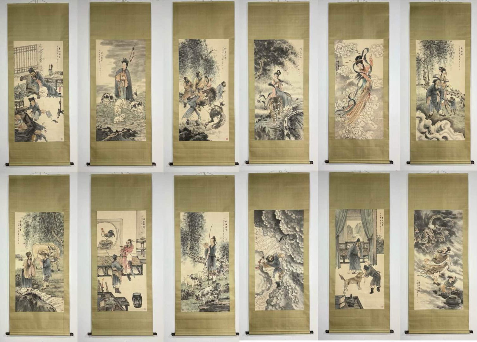 A Set of Chinese Vertical Scroll Ink Painting of the Twelve Chinese Zodiac Signs on Paper: A Set of Chinese Vertical Scroll Ink Painting of the Twelve Chinese Zodiac Signs on Paper,Fu Baoshi,Size:(entirety)32.7inx86.6in,(Without frame)26.8inx53.9in 一套中国水&#
