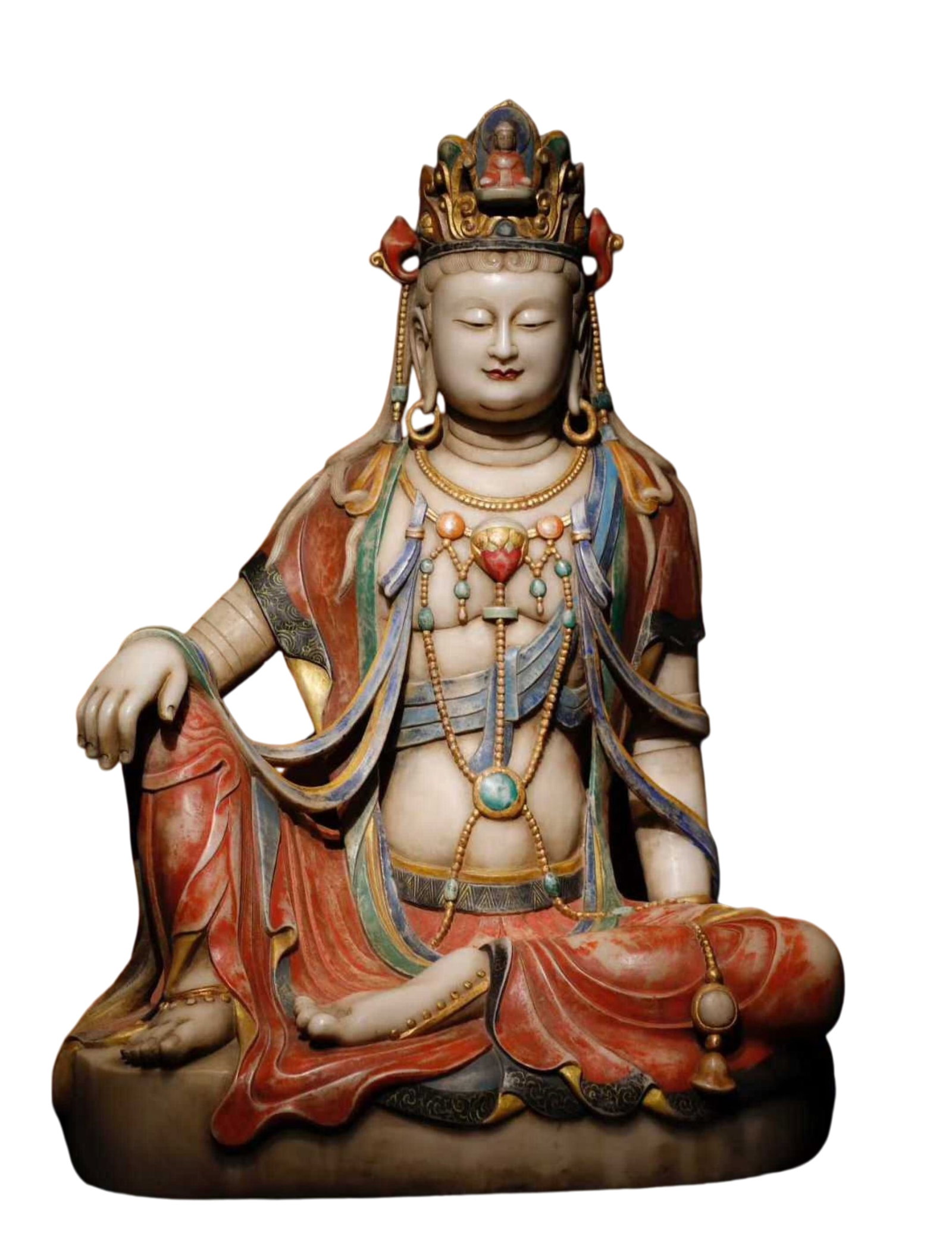 A Solemn Marble Painted Color Statue of Avalokitesvara: A Solemn Marble Painted Color Statue of Avalokitesvara,Tang Dynasty,China,Size:41.7inx30.3inx21.7in 汉白玉彩绘观音像,中国唐代