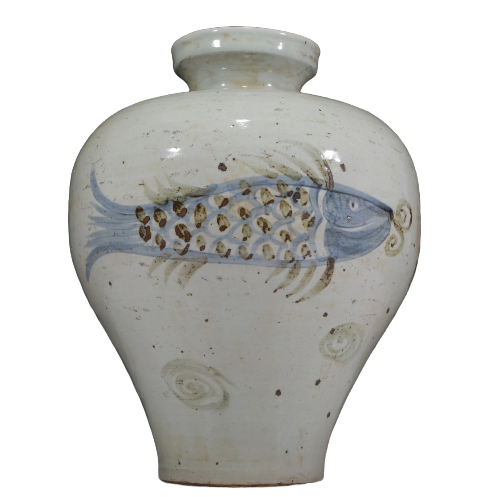 An Elaborate Blue And White Copper-Red 'Fish' Korean Jar: An Elaborate Blue And White Copper-Red 'Fish' Korean Jar. Ancient South Korea, Gaoli Period. Size:10.6inx15in. Weight:g. 高丽时期 青花釉里红ྦ