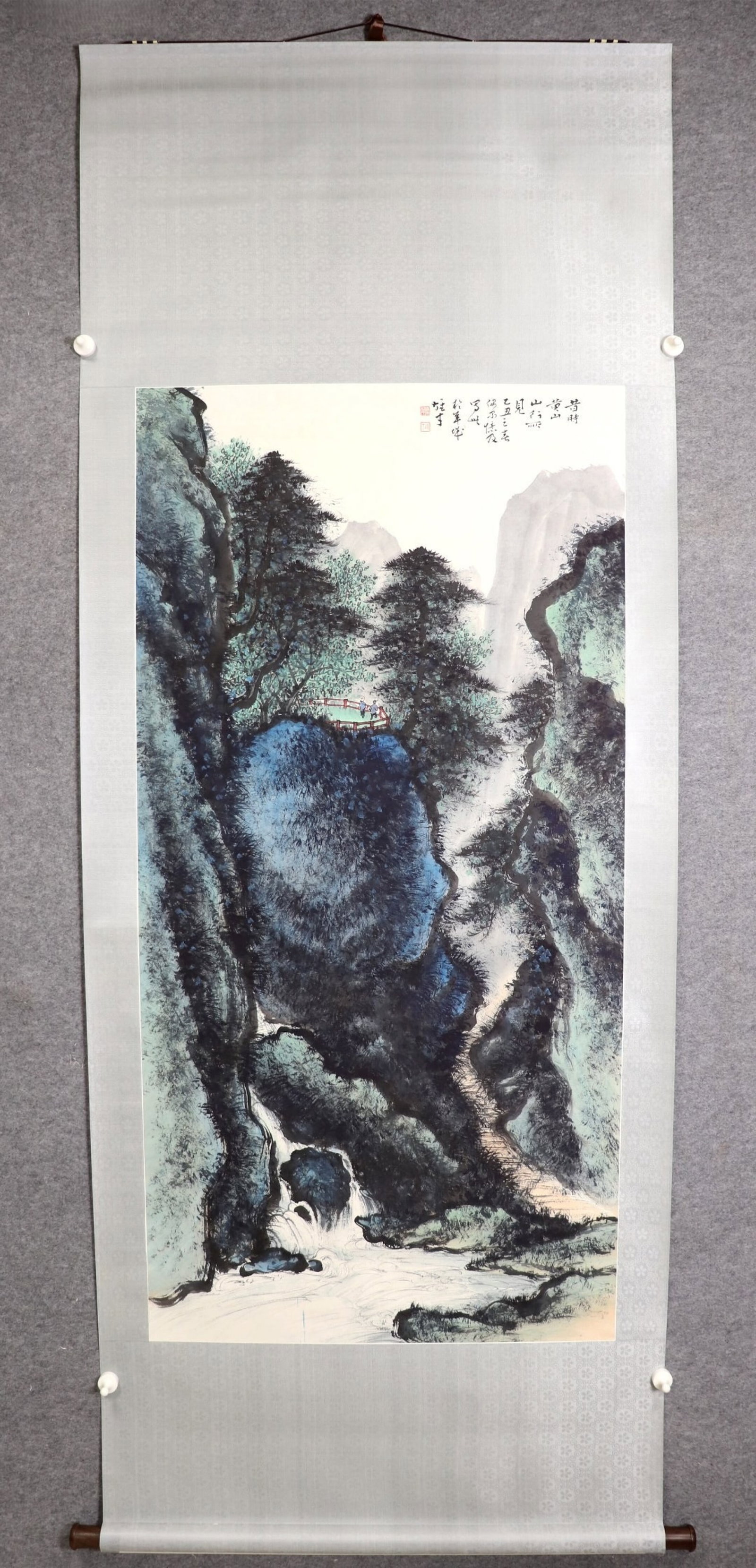 A Chinese Vertical Scroll Ink Painting of Landscape on Paper: A Chinese Vertical Scroll Ink Painting of Landscape on Paper,Li Xiongcai,Size:26.8inx54.3in