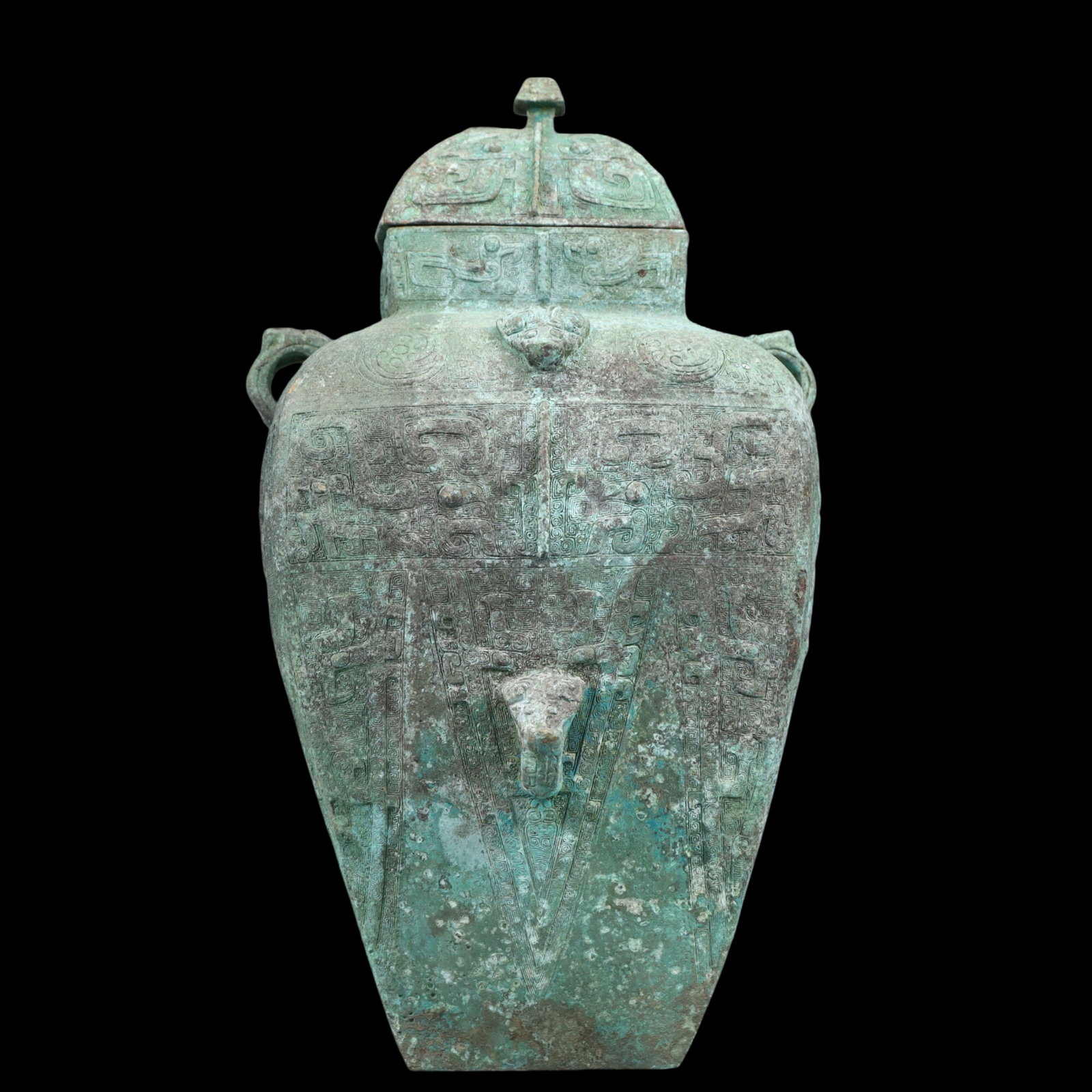 A Precious Bronze Beast-Face Pattern Bottle: A Precious Bronze Beast-Face Pattern Bottle,Ancient Time, China,Size:9.4inx8.3inx42c, ;Weight:7300g 青铜兽面纹瓶带盖，中国远