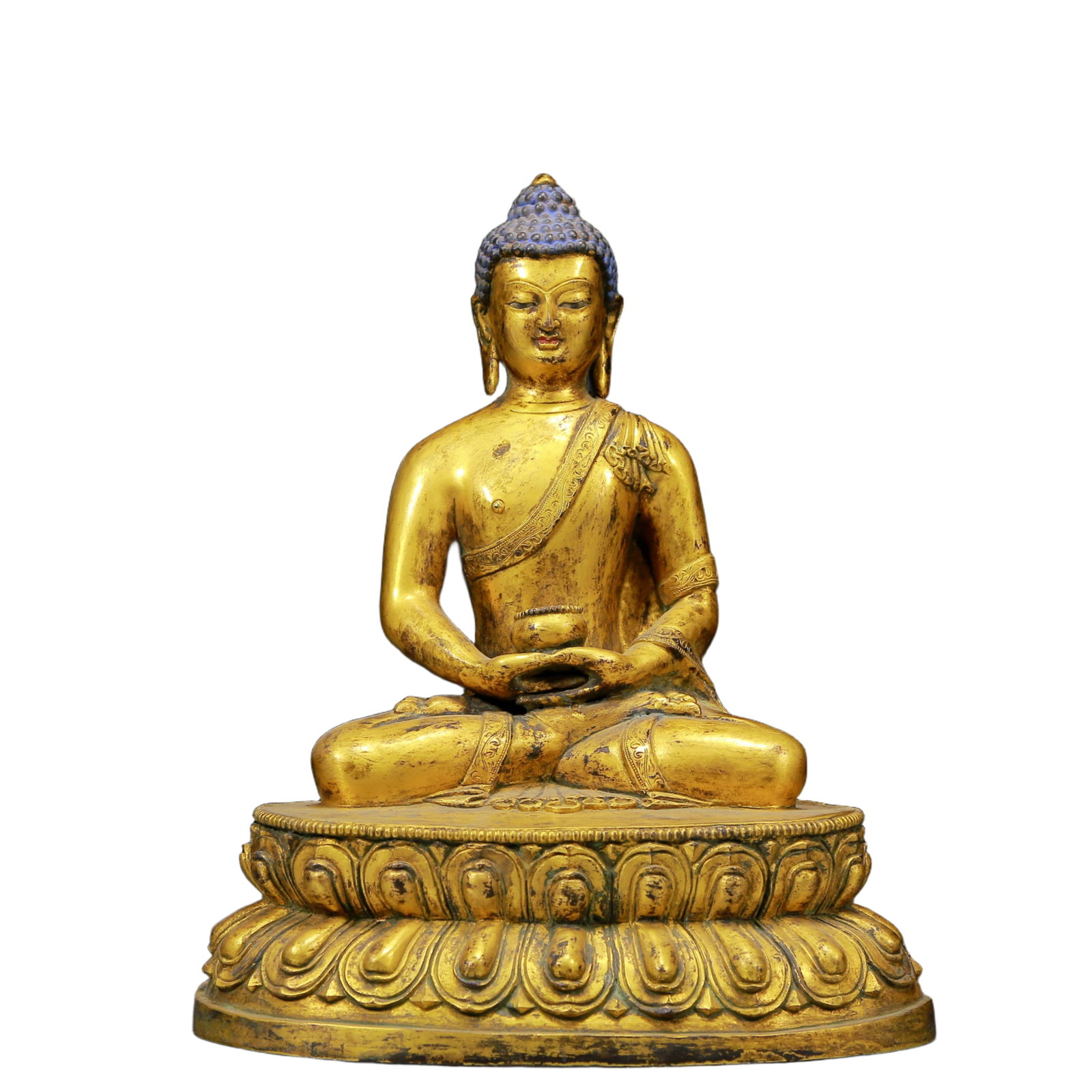 A Solemn Gilt Bronze Statue of Sakyamuni: A Solemn Gilt Bronze Statue of Sakyamuni,Ming Dynasty, China,Size:8.3inx6.3inx10.6in,Weight:4620g 铜鎏金释迦摩尼像，明代