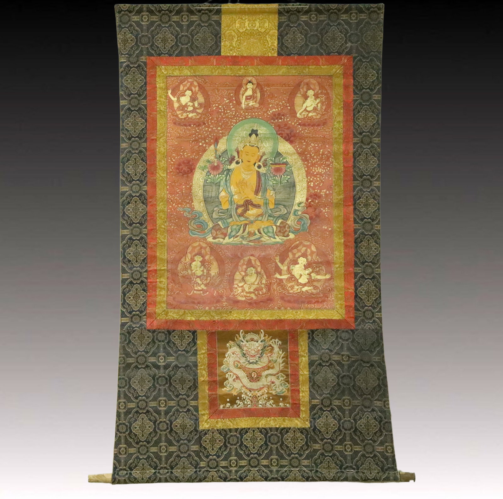 A Rare Brocade Painted Color Statue of Manjusri Tangka: A Rare Brocade Painted Color Statue of Manjusri Tangka,Qing Dynasty, China,Size:33.9inx57.9in ???????????,????