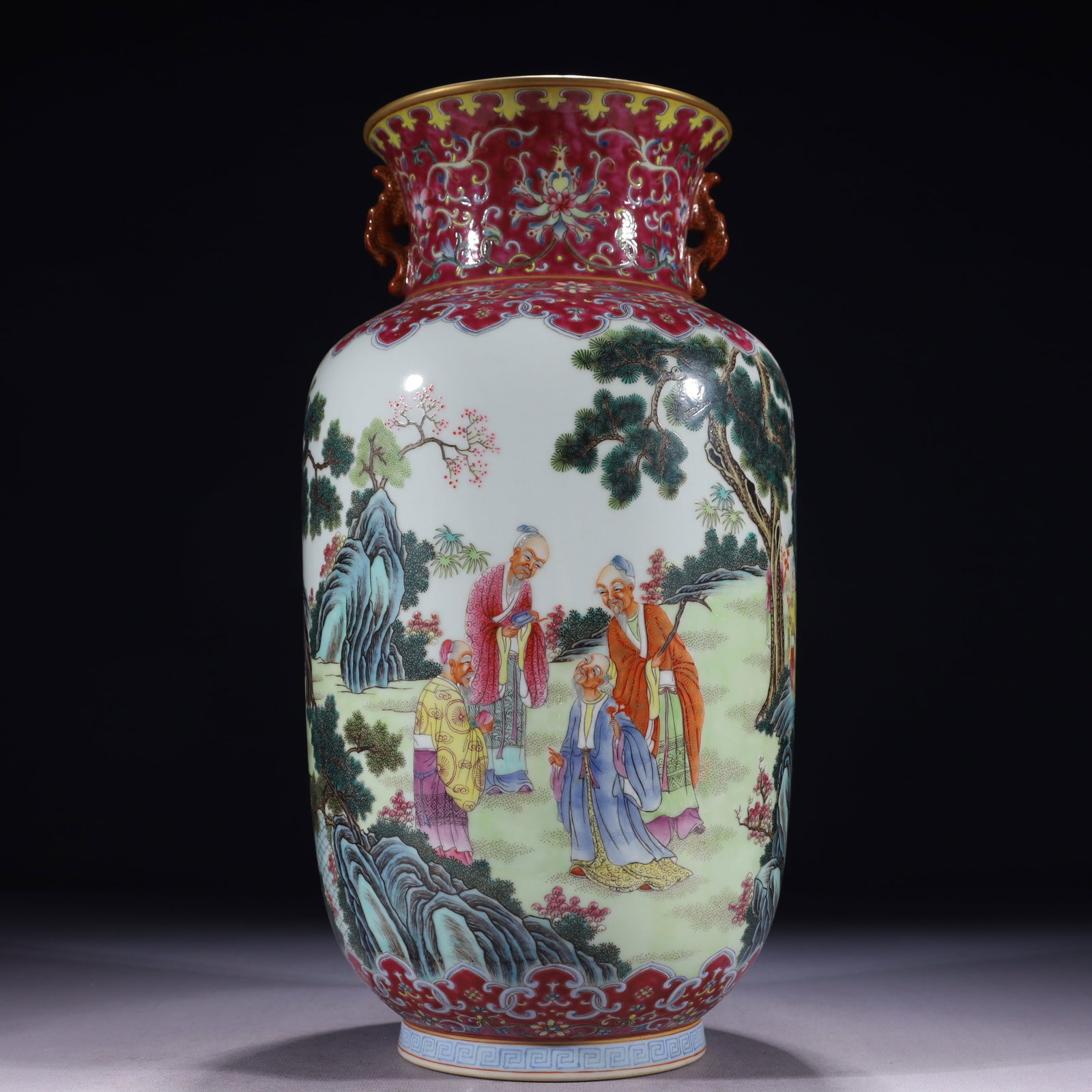 An Exquisite Famille-Rose Painted Gold Character and Story Pattern Double-Ears Vase: An Exquisite Famille-Rose Painted Gold Character and Story Pattern Double-Ears Vase,Qing Dynasty,China,Qianlong Six-character Mark,Size:7.1inx13.8in,Weight:2350g 粉彩描金ߟ