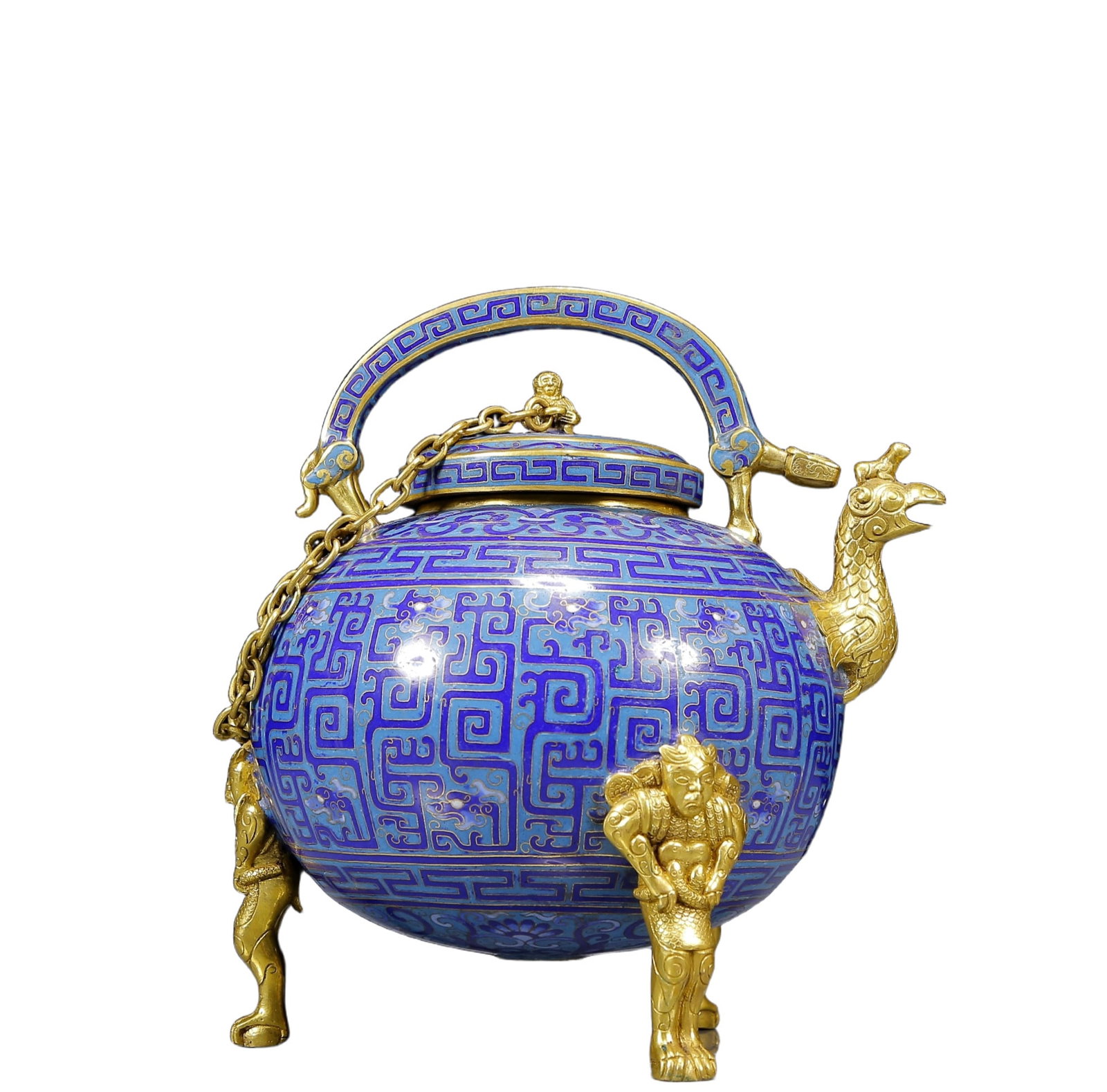 An Exquisite Cloisonne Dragon Pattern Phoenix-Headed Tripod Ewer: An Exquisite Cloisonne Dragon Pattern Phoenix-Headed Tripod Ewer,Qing Dynasty, China,Qianlong Four-character Mark,Size:7.9inx6.3inx9.8in,Weight:3800g