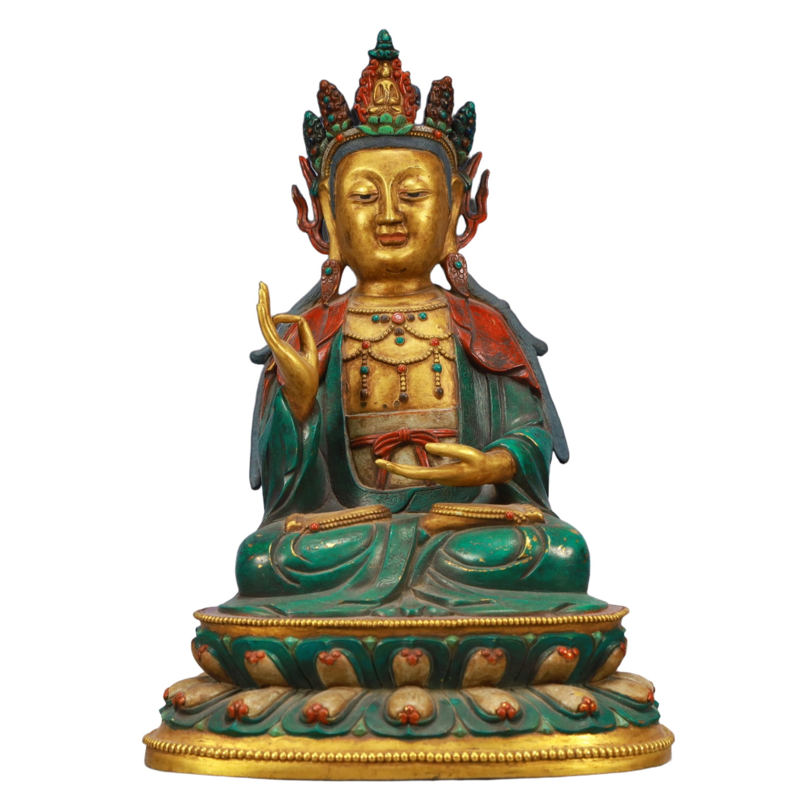 A Solemn Gilt Bronze Statue of Sakyamuni, Inlaid Gems: A Solemn Gilt Bronze Statue of Sakyamuni, Inlaid Gems,Qing Dynasty, China,Size:7.9inx6.3inx11.8in,Weight:4500g 铜鎏金如来像,嵌宝石,中国