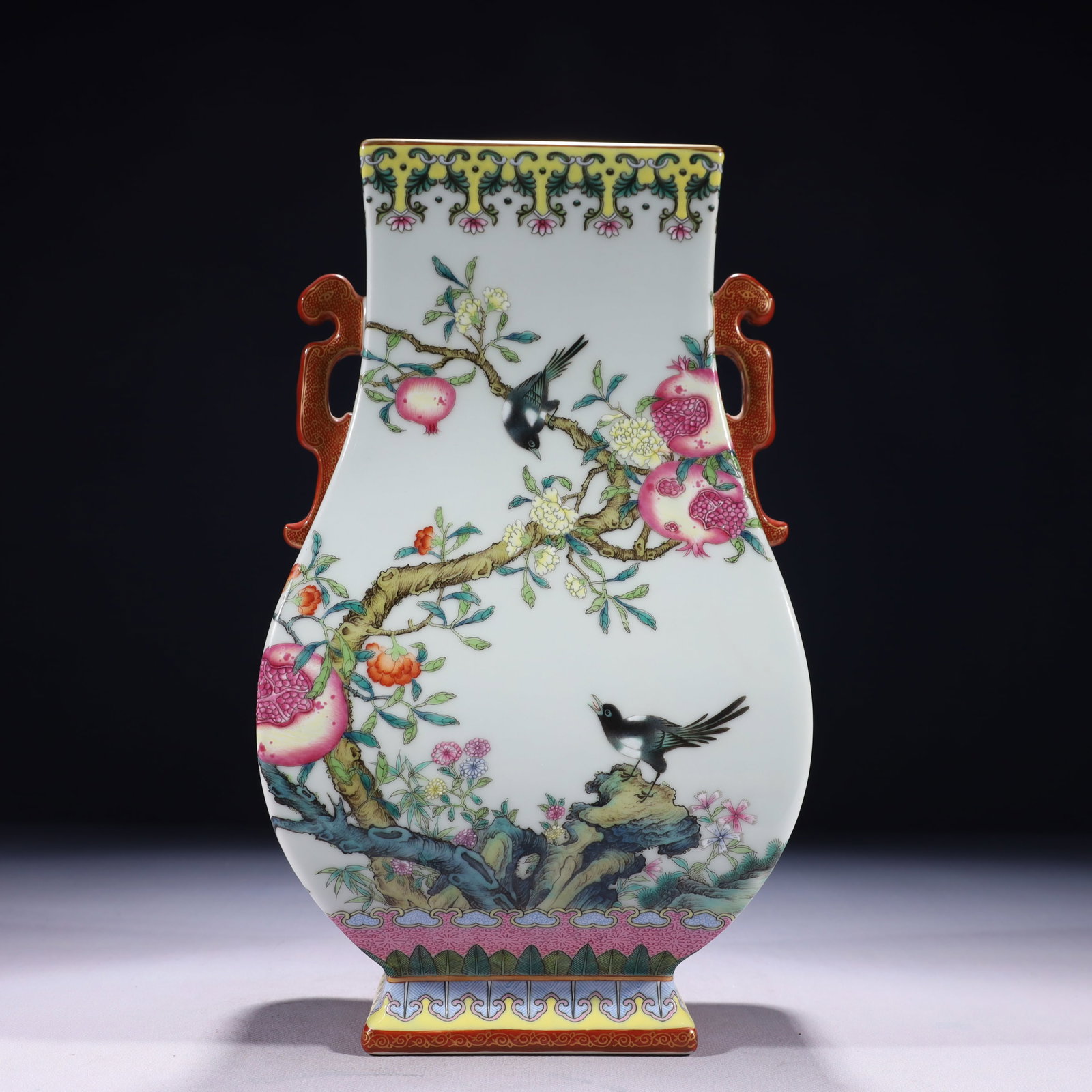 An Exquisite Famille-Rose Flower and Bird Pattern Double-Ears Vase,with poem (1 of 9)