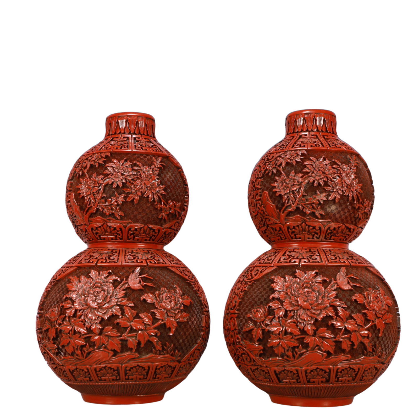 A Pair of Huge Carved Red Lacquer Flower and Bird Pattern Vases (1 of 17)